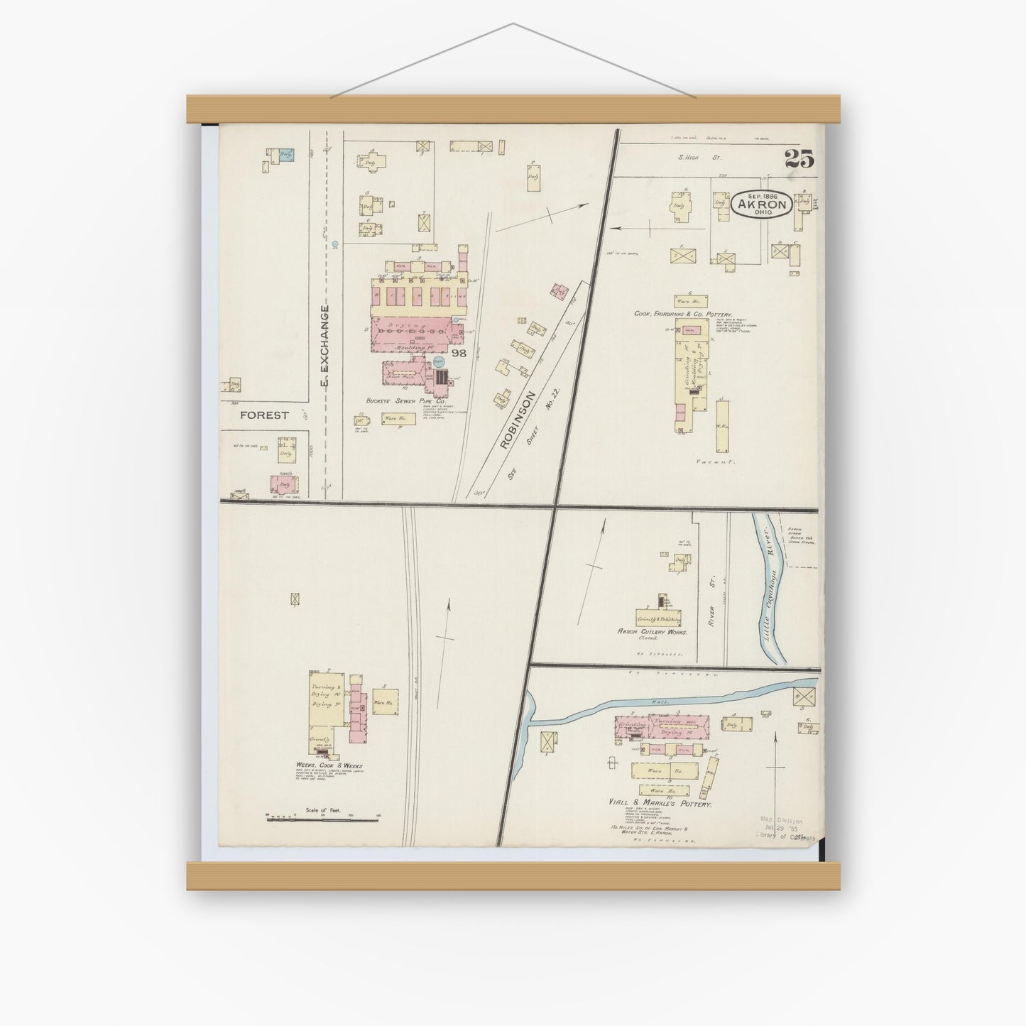 Old map wall art mockup — magnetic wood frame on white wall — Sanborn Fire Insurance Map from Akron, Summit County, Ohio (1886), Sheet #0025