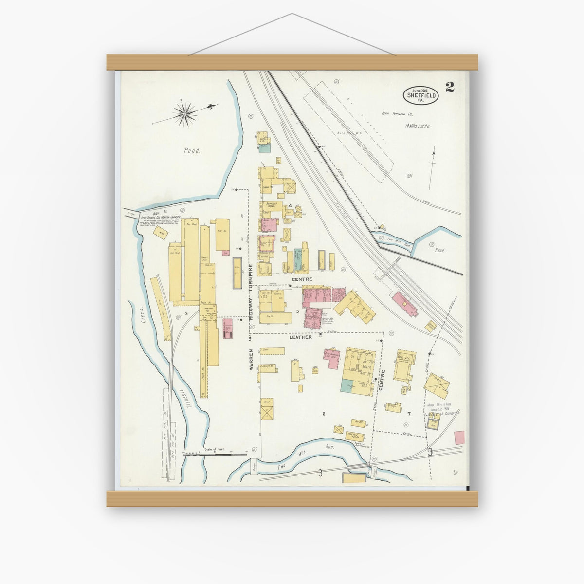 Old map wall art mockup — magnetic wood frame on white wall — Sanborn Fire Insurance Map from Sheffield, Warren County, Pennsylvania (1905), Sheet #0002