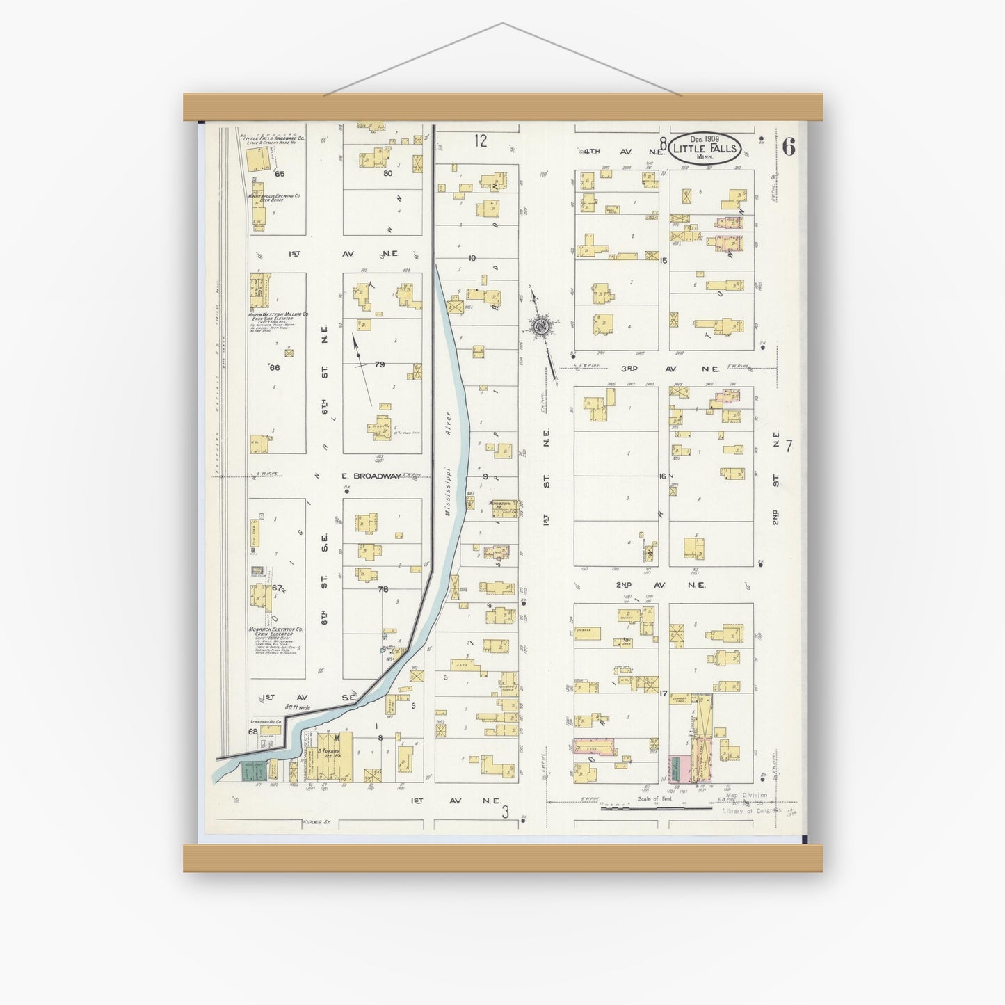 Old map wall art mockup — magnetic wood frame on white wall — Sanborn Fire Insurance Map from Little Falls, Morrison County, Minnesota (1909), Sheet #0006