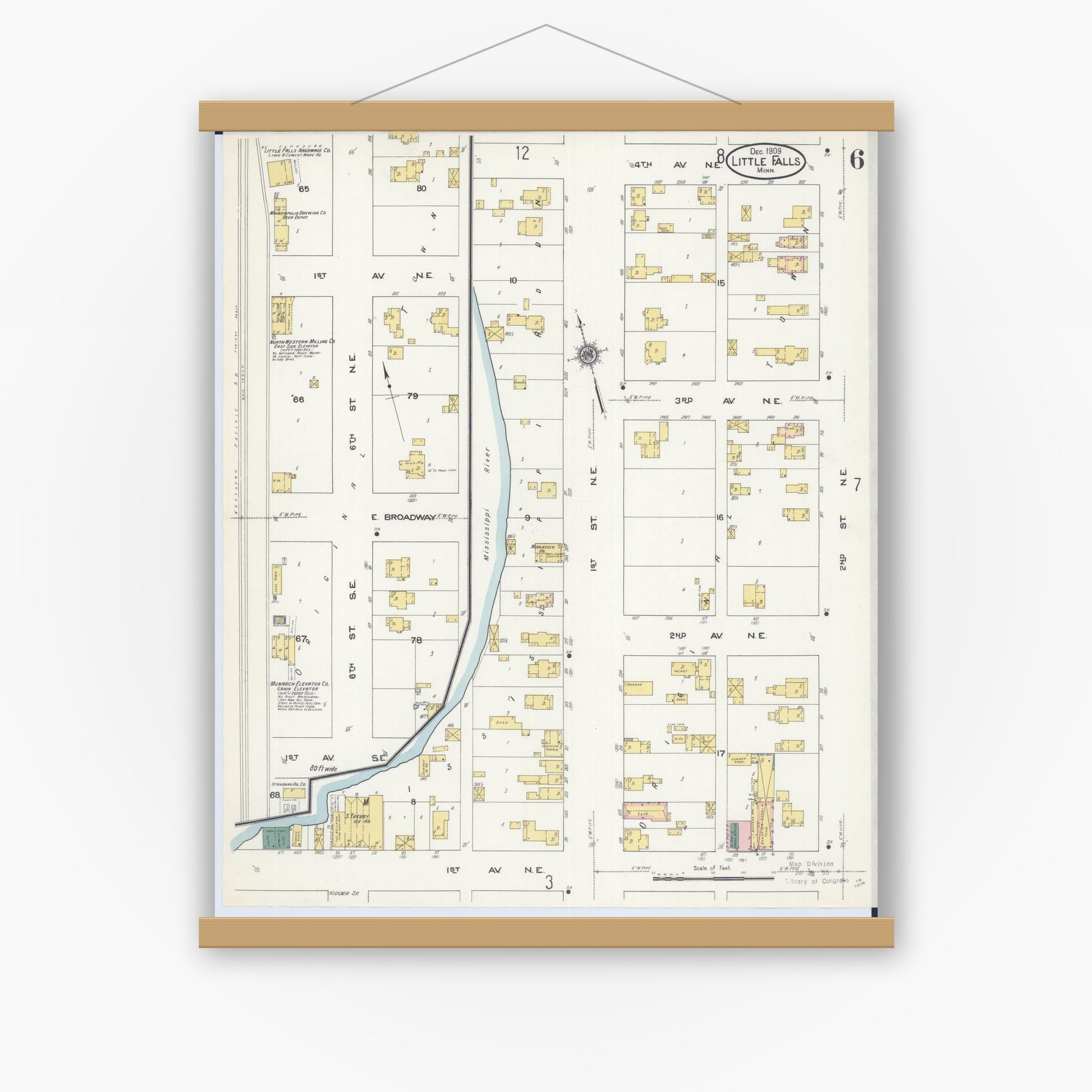 Old map wall art mockup — magnetic wood frame on white wall — Sanborn Fire Insurance Map from Little Falls, Morrison County, Minnesota (1909), Sheet #0006