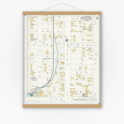Old map wall art mockup — magnetic wood frame on white wall — Sanborn Fire Insurance Map from Little Falls, Morrison County, Minnesota (1909), Sheet #0006