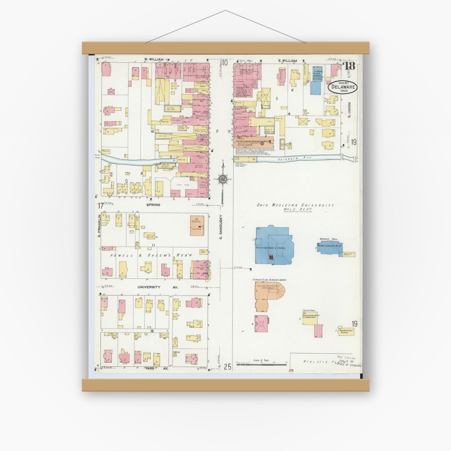 Old map wall art mockup — magnetic wood frame on white wall — Sanborn Fire Insurance Map from Delaware, Delaware County, Ohio (1911), Sheet #0018