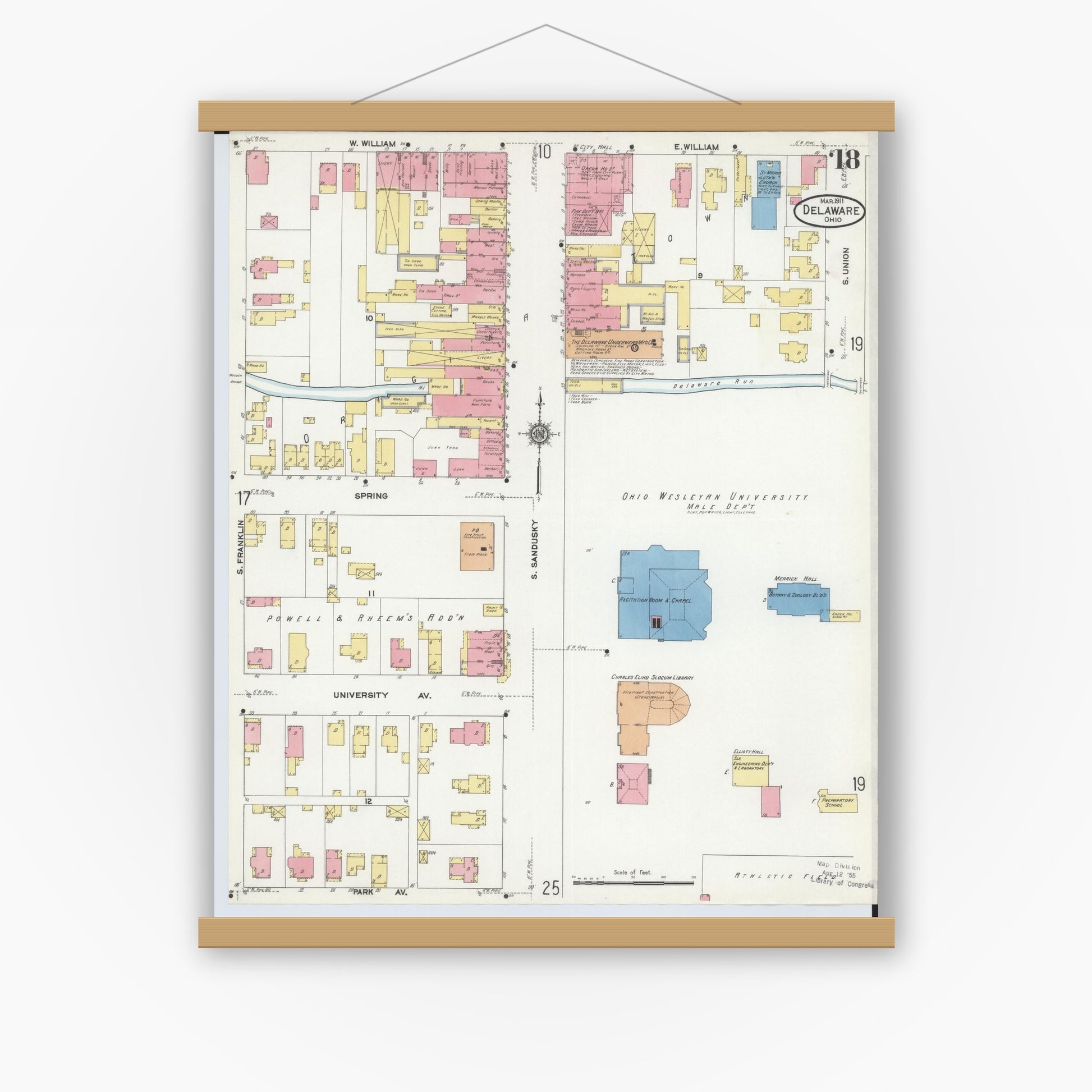 Old map wall art mockup — magnetic wood frame on white wall — Sanborn Fire Insurance Map from Delaware, Delaware County, Ohio (1911), Sheet #0018