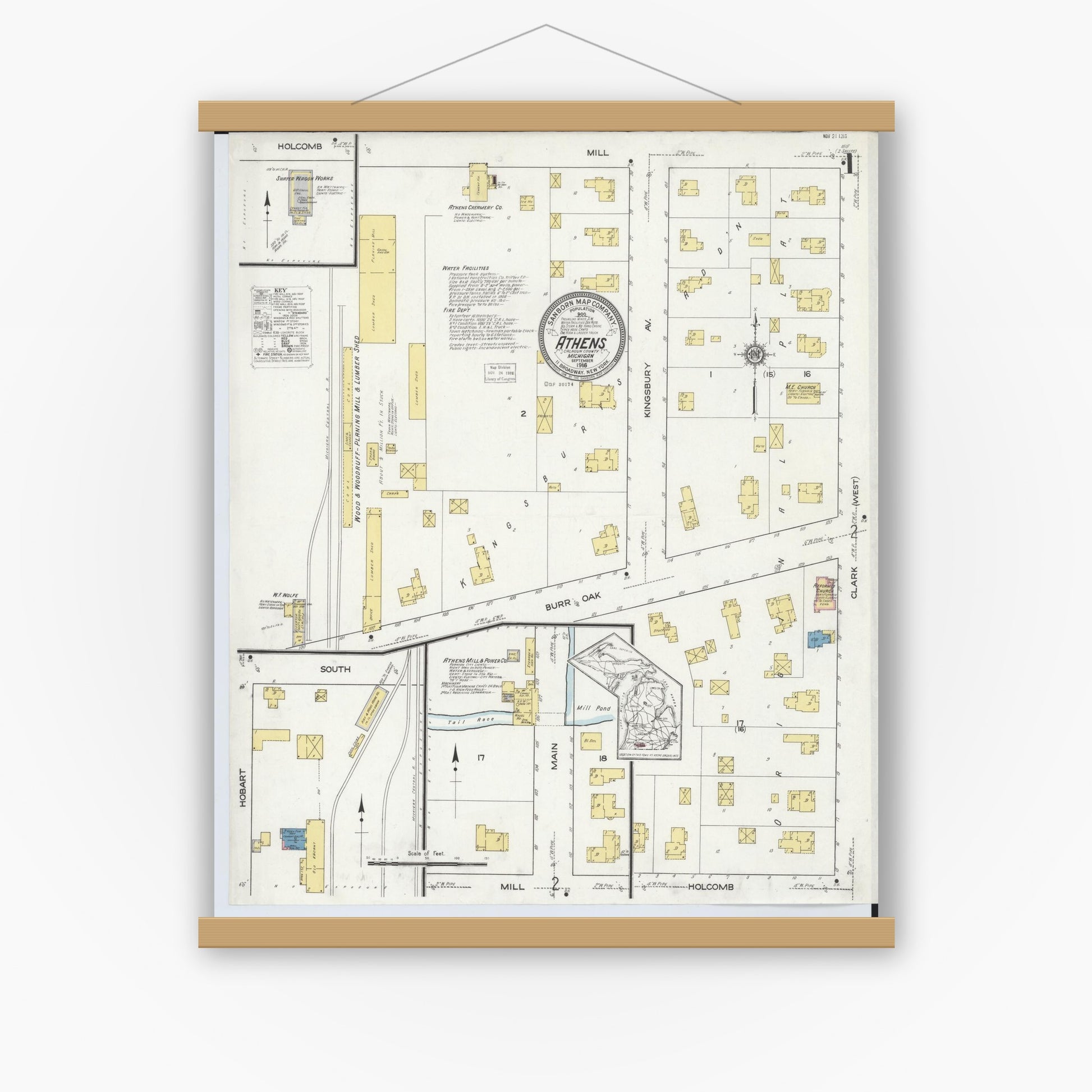 Old map wall art mockup — magnetic wood frame on white wall — Sanborn Fire Insurance Map from Athens, Calhoun County, Michigan (1916) - Complete Map Set