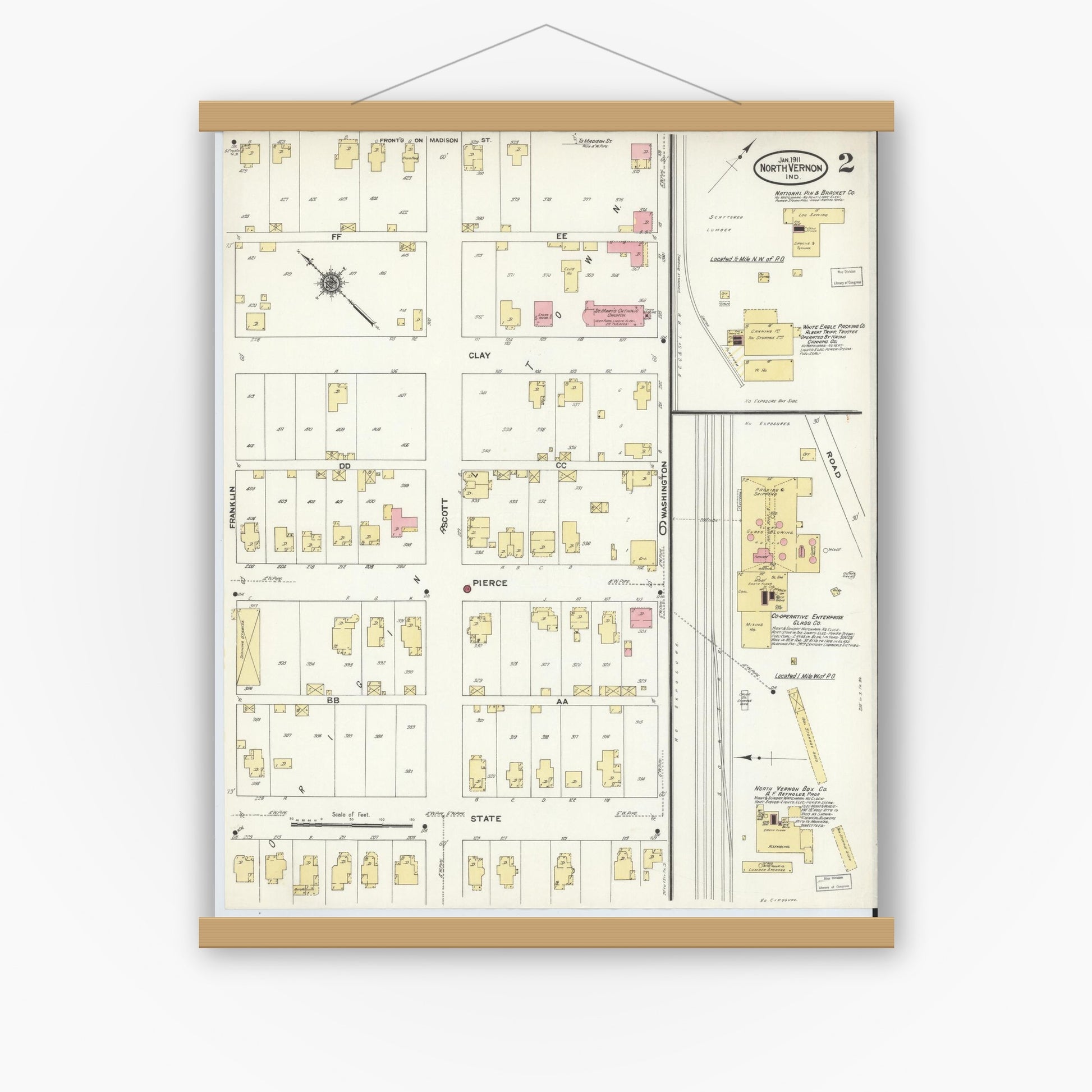 Old map wall art mockup — magnetic wood frame on white wall — Sanborn Fire Insurance Map from North Vernon, Jennings County, Indiana (1911), Sheet #0002