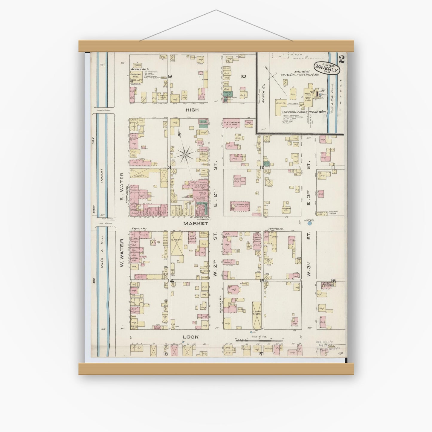Old map wall art mockup — magnetic wood frame on white wall — Sanborn Fire Insurance Map from Waverly, Pike County, Ohio (1885), Sheet #0002