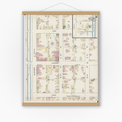Old map wall art mockup — magnetic wood frame on white wall — Sanborn Fire Insurance Map from Waverly, Pike County, Ohio (1885), Sheet #0002