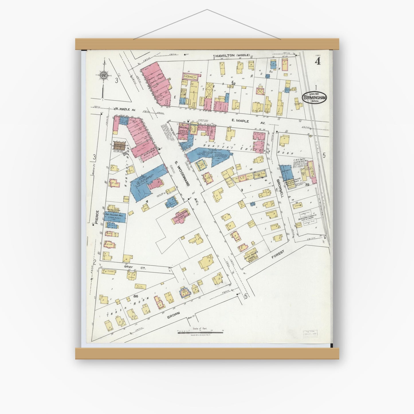 Old map wall art mockup — magnetic wood frame on white wall — Sanborn Fire Insurance Map from Birmingham, Oakland County, Michigan (1921), Sheet #0004