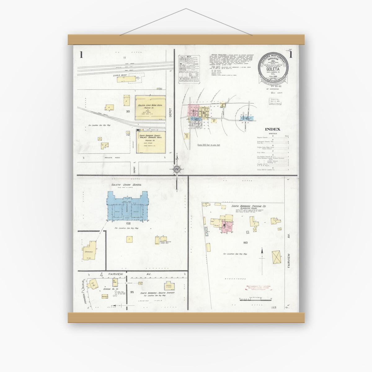 Old map wall art mockup — magnetic wood frame on white wall — Sanborn Fire Insurance Map from Goleta, Santa Barbara County, California (1930) - Complete Map Set