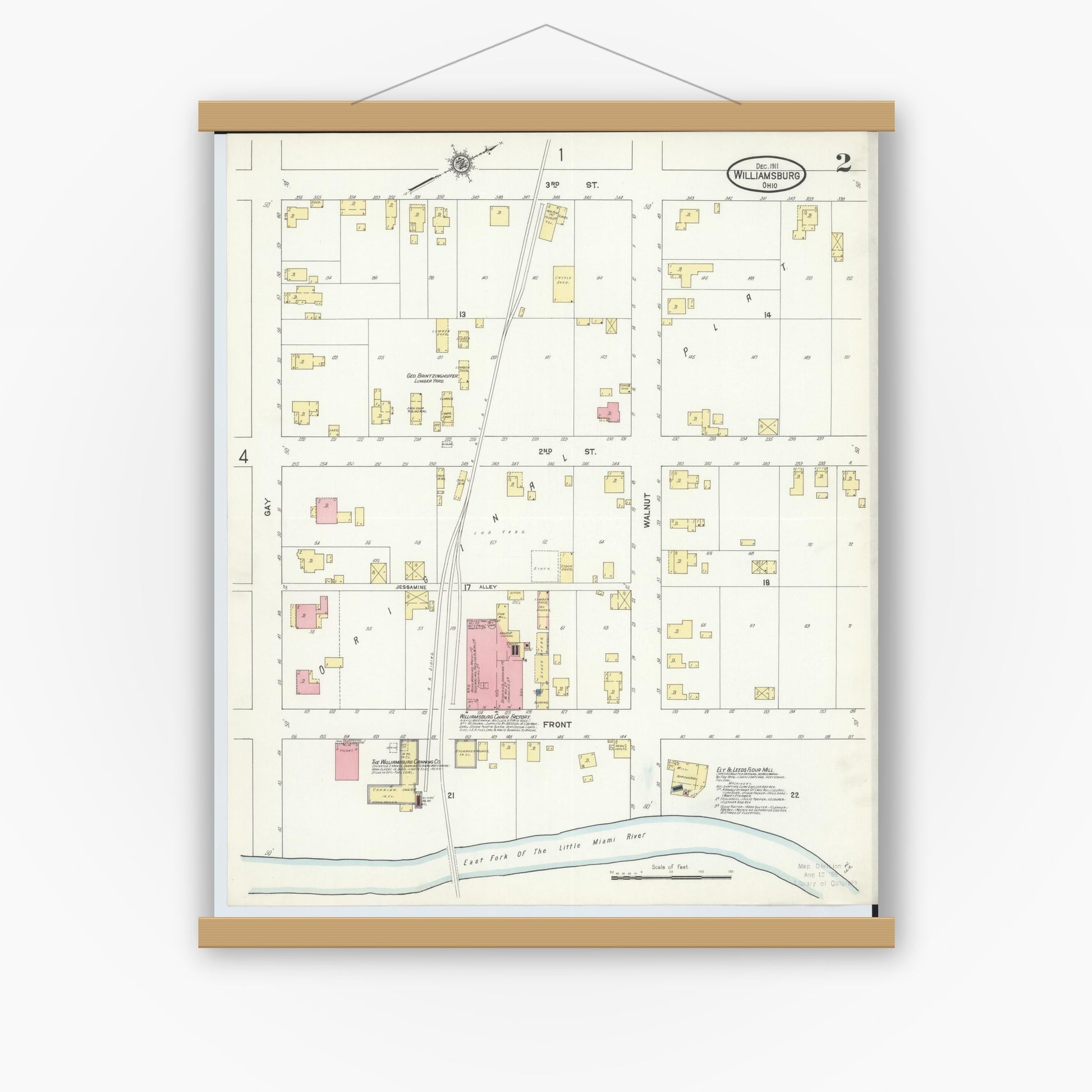 Old map wall art mockup — magnetic wood frame on white wall — Sanborn Fire Insurance Map from Williamsburg, Clermont County, Ohio (1911), Sheet #0002