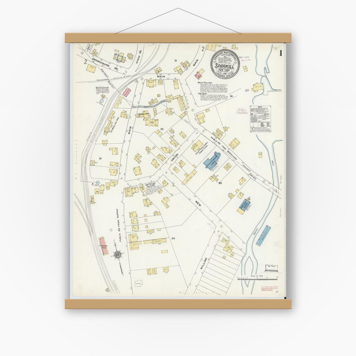 Old map wall art mockup — magnetic wood frame on white wall — Sanborn Fire Insurance Map from Sparkill, Rockland County, New York (1910) - Complete Map Set