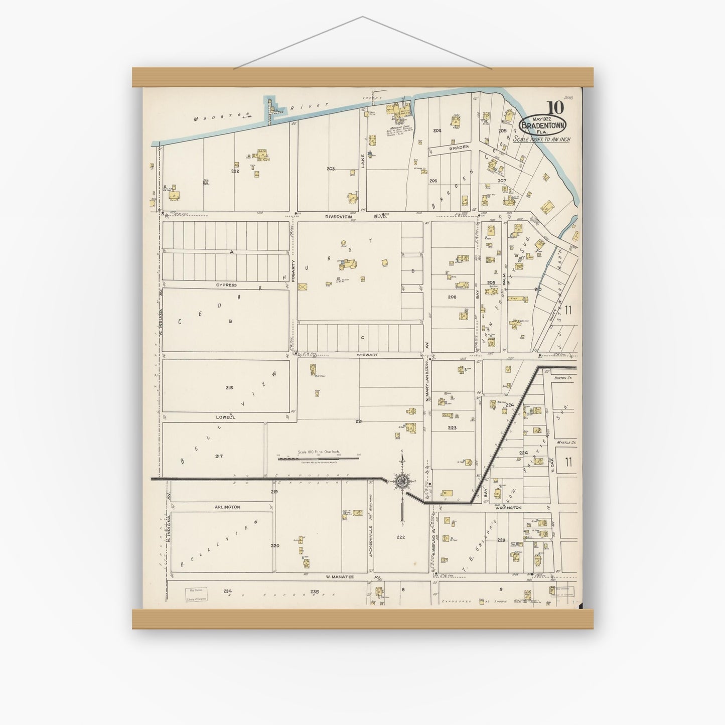 Old map wall art mockup — magnetic wood frame on white wall — Sanborn Fire Insurance Map from Bradentown, Manatee County, Florida (1922), Sheet #0010