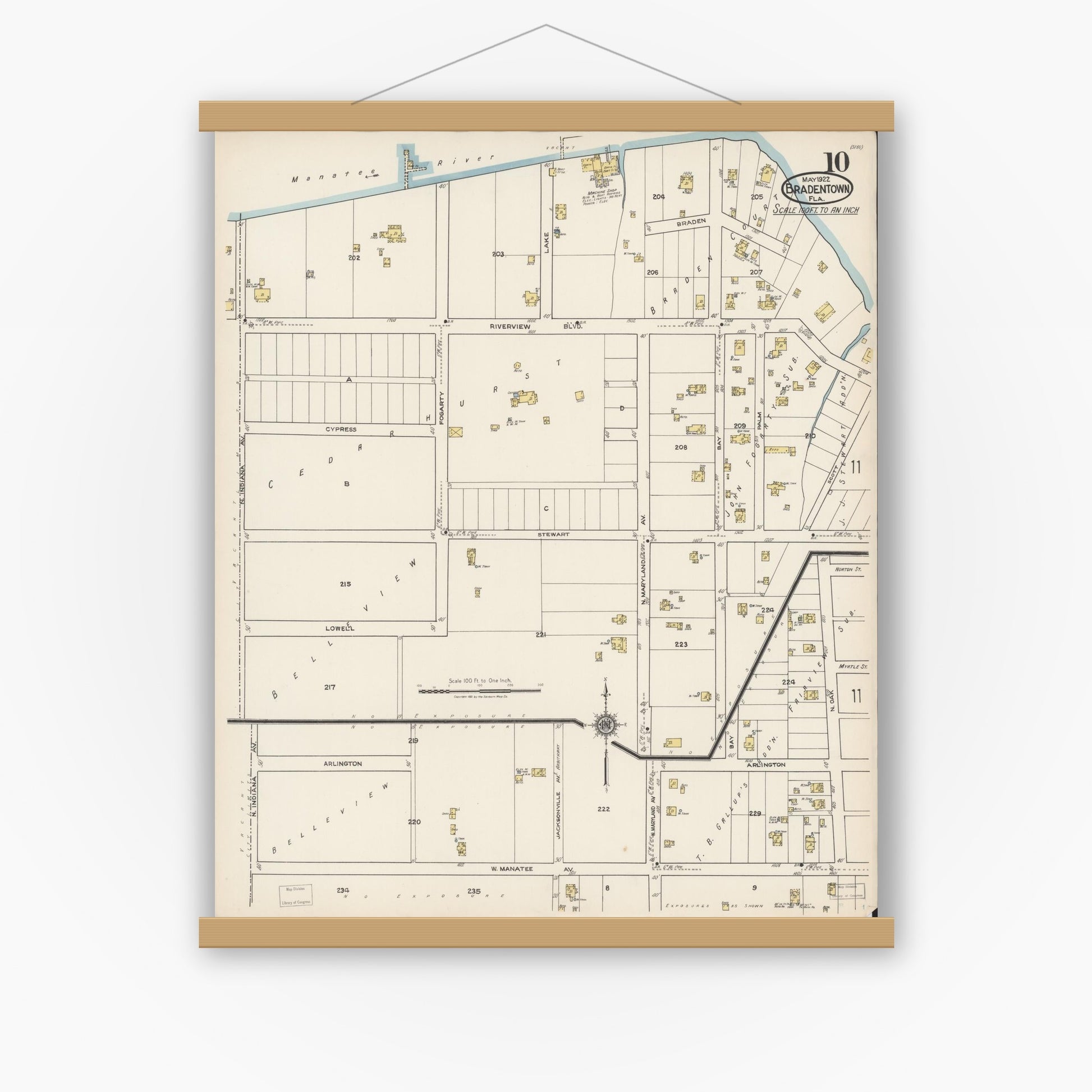 Old map wall art mockup — magnetic wood frame on white wall — Sanborn Fire Insurance Map from Bradentown, Manatee County, Florida (1922), Sheet #0010