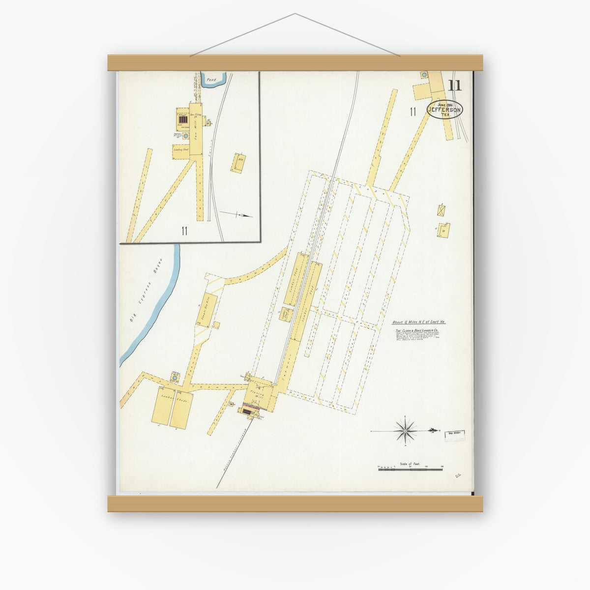 Old map wall art mockup — magnetic wood frame on white wall — Sanborn Fire Insurance Map from Jefferson, Marion County, Texas (1906), Sheet #0011