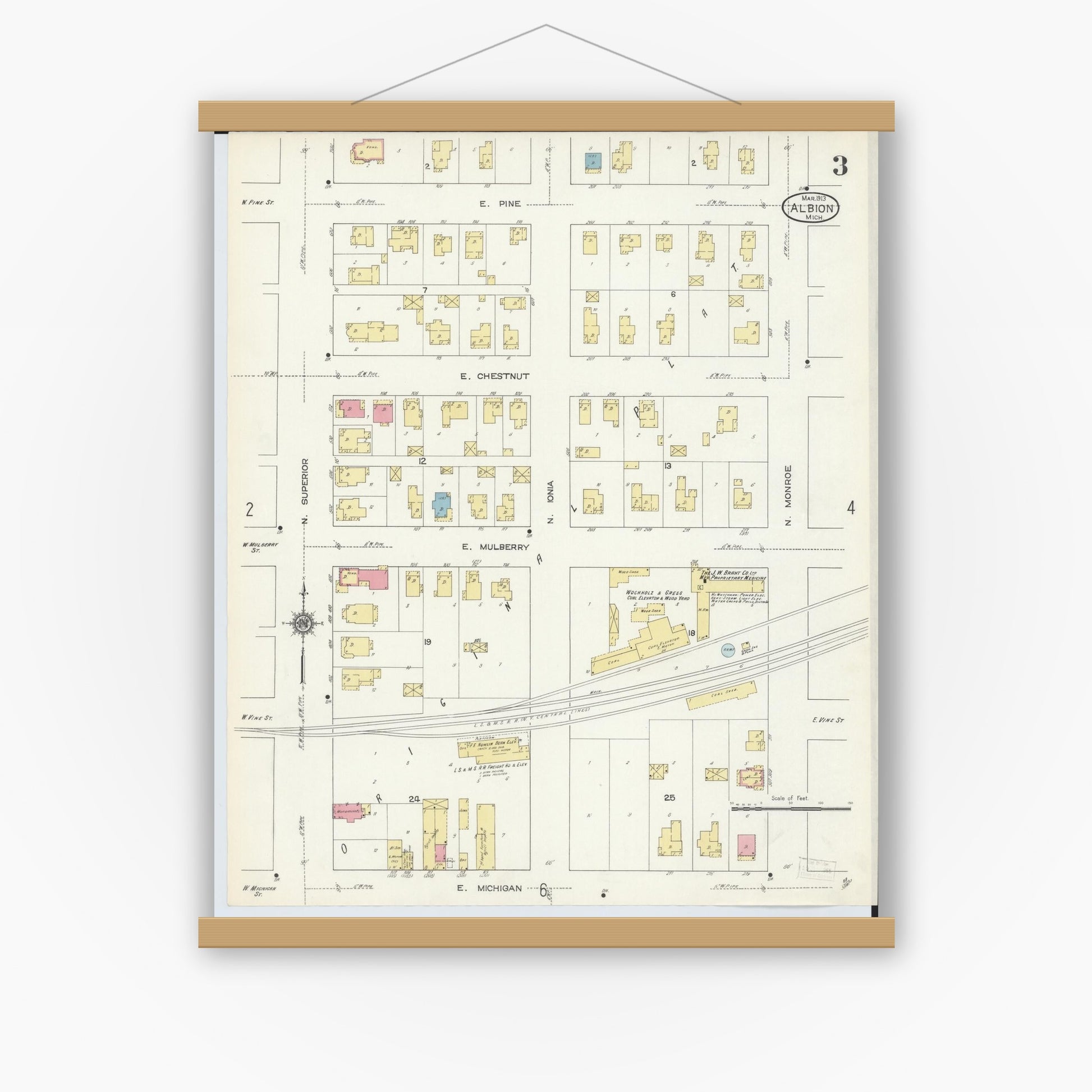 Old map wall art mockup — magnetic wood frame on white wall — Sanborn Fire Insurance Map from Albion, Calhoun County, Michigan (1913), Sheet #0003