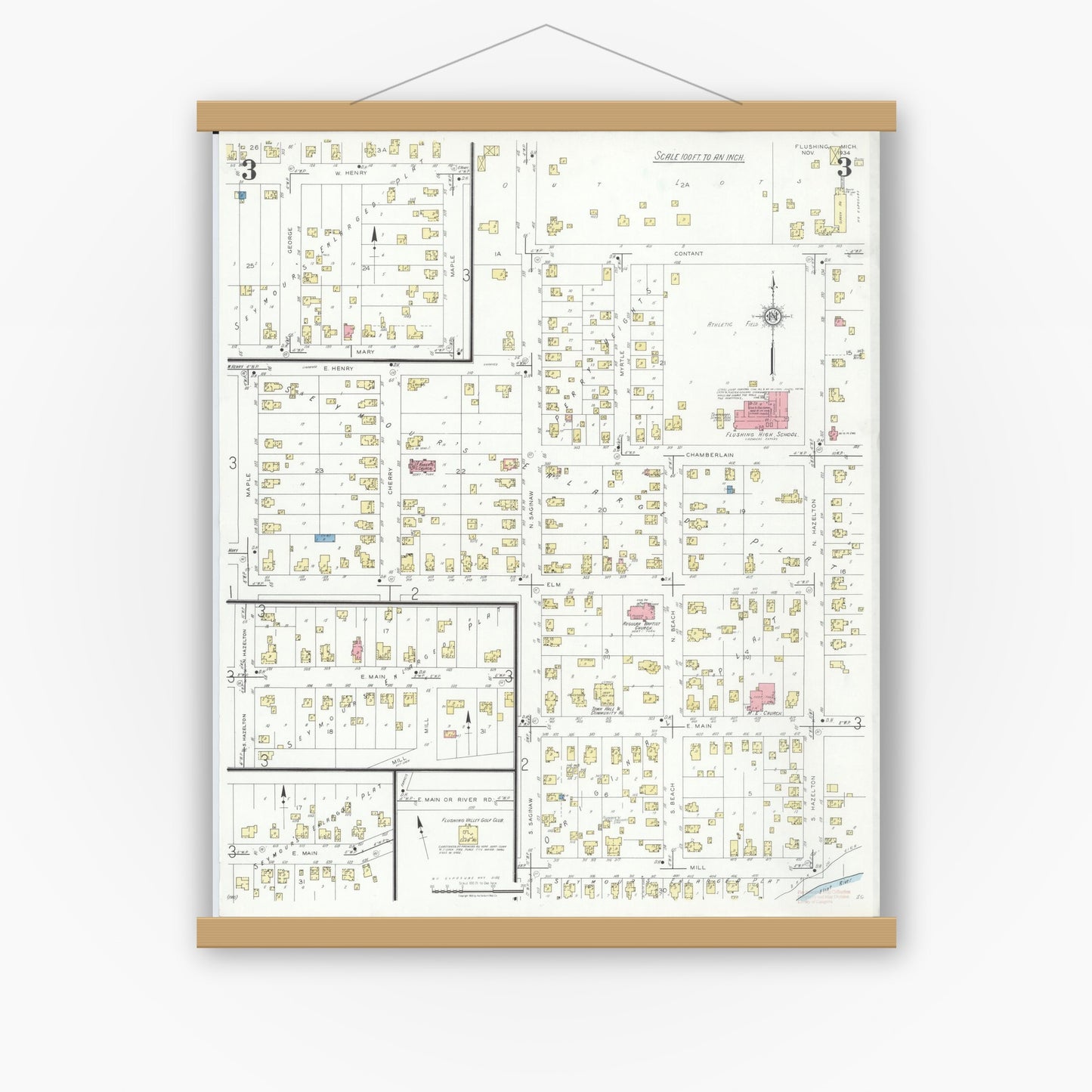Old map wall art mockup — magnetic wood frame on white wall — Sanborn Fire Insurance Map from Flushing, Genesee County, Michigan (1934), Sheet #0003