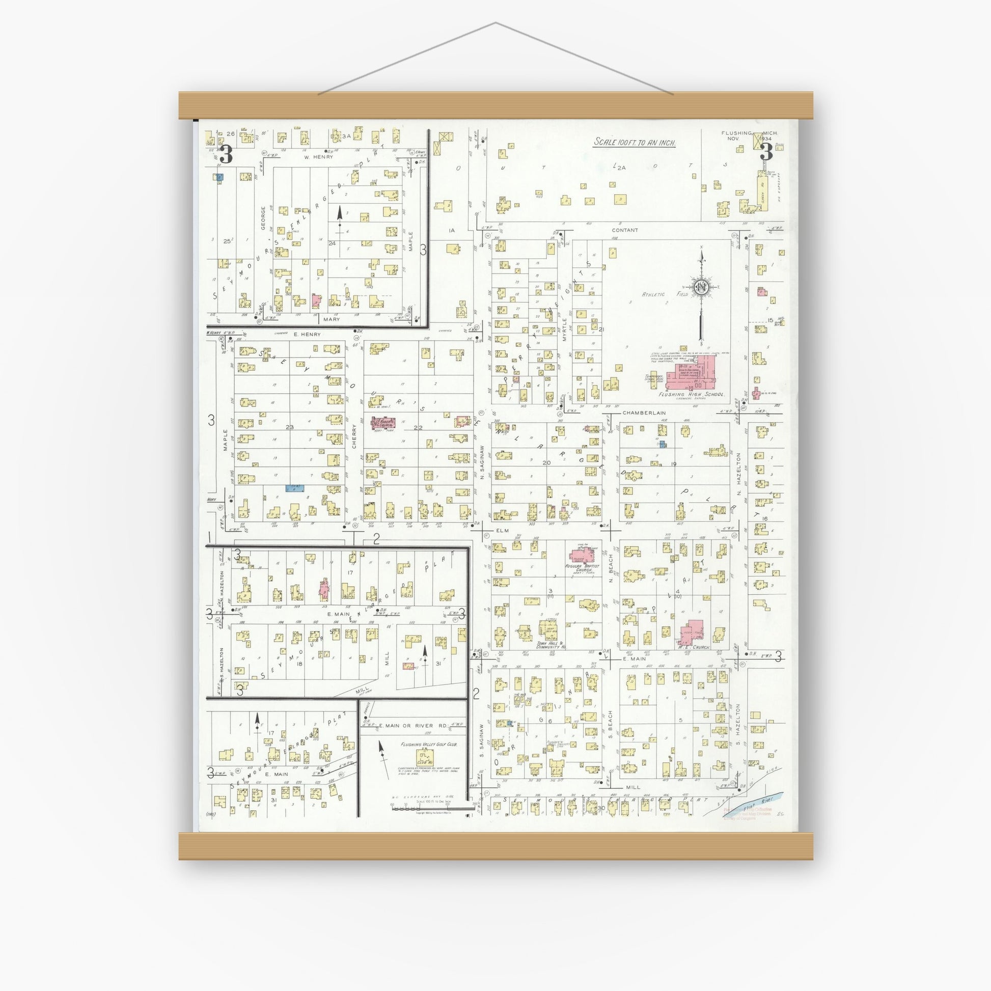 Old map wall art mockup — magnetic wood frame on white wall — Sanborn Fire Insurance Map from Flushing, Genesee County, Michigan (1934), Sheet #0003