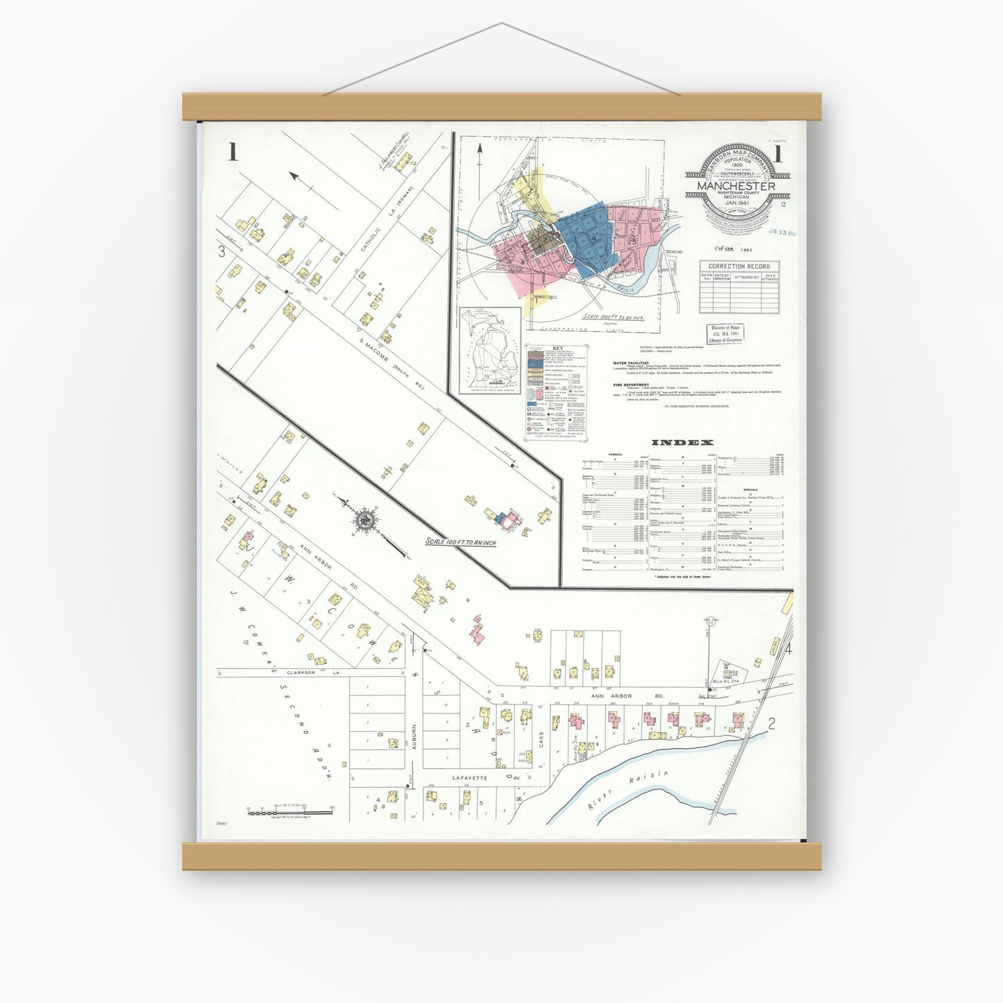 Old map wall art mockup — magnetic wood frame on white wall — Sanborn Fire Insurance Map from Manchester, Washtenaw County, Michigan (1941) - Complete Map Set