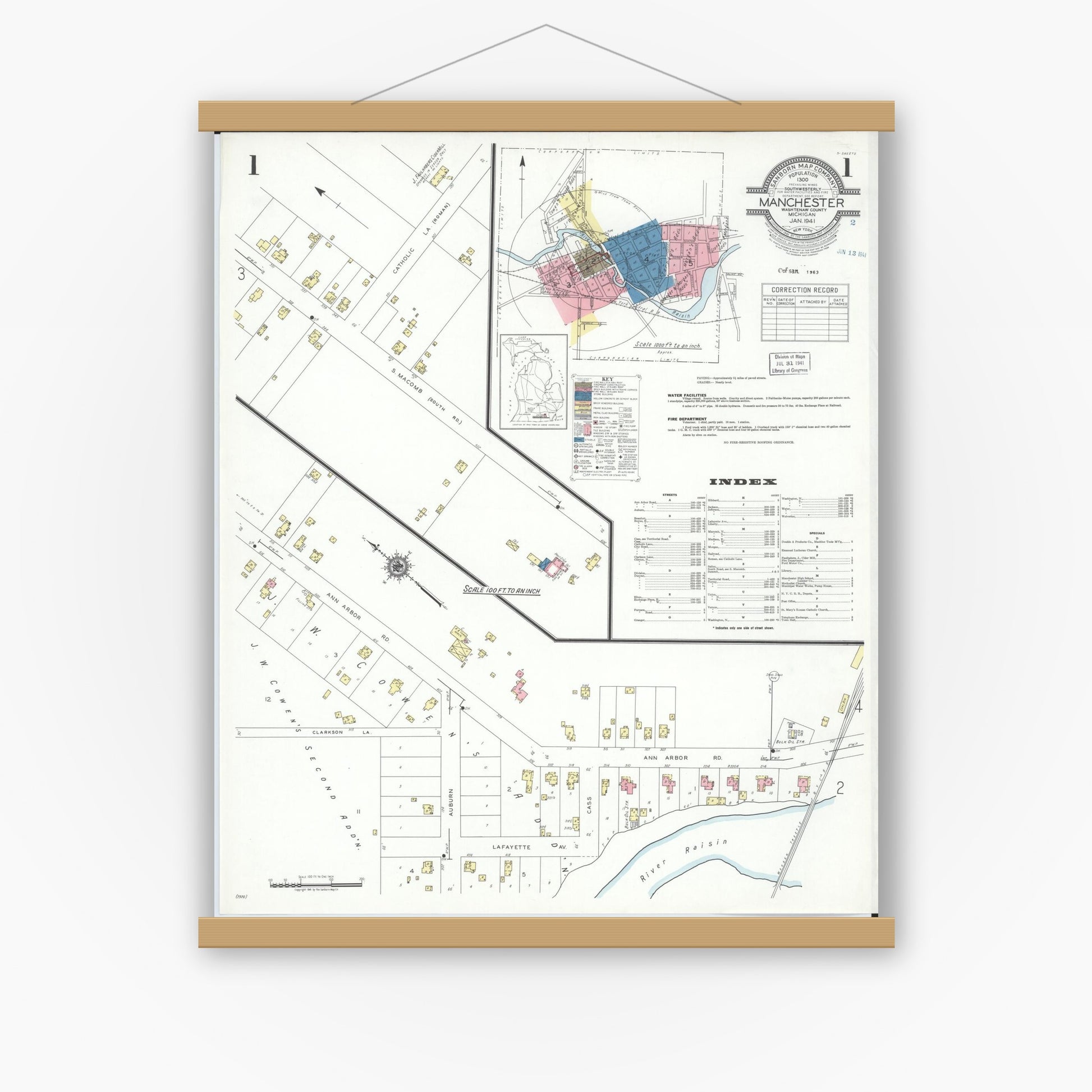 Old map wall art mockup — magnetic wood frame on white wall — Sanborn Fire Insurance Map from Manchester, Washtenaw County, Michigan (1941) - Complete Map Set