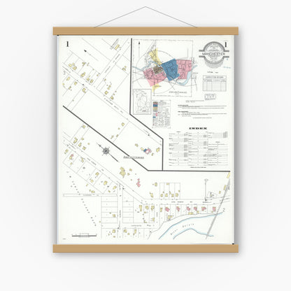 Old map wall art mockup — magnetic wood frame on white wall — Sanborn Fire Insurance Map from Manchester, Washtenaw County, Michigan (1941) - Complete Map Set