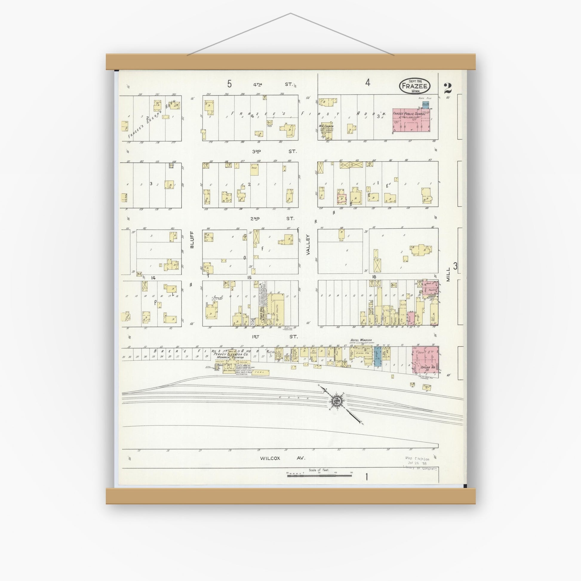 Old map wall art mockup — magnetic wood frame on white wall — Sanborn Fire Insurance Map from Frazee, Becker County, Minnesota (1914), Sheet #0002