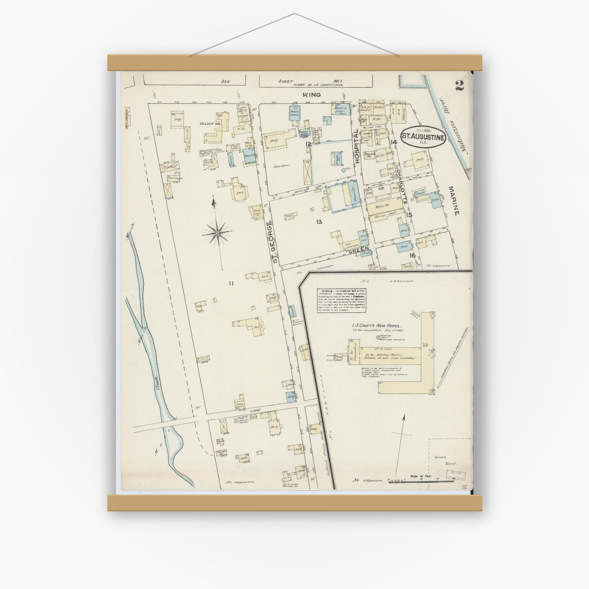 Old map wall art mockup — magnetic wood frame on white wall — Sanborn Fire Insurance Map from Saint Augustine, Saint John's County, Florida (1884), Sheet #0002