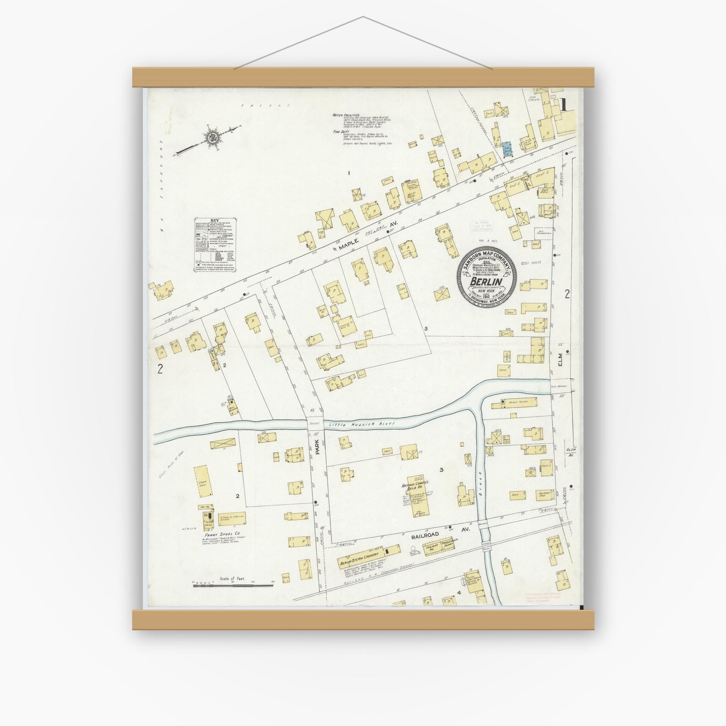 Old map wall art mockup — magnetic wood frame on white wall — Sanborn Fire Insurance Map from Berlin, Rensselaer County, New York (1912) - Complete Map Set