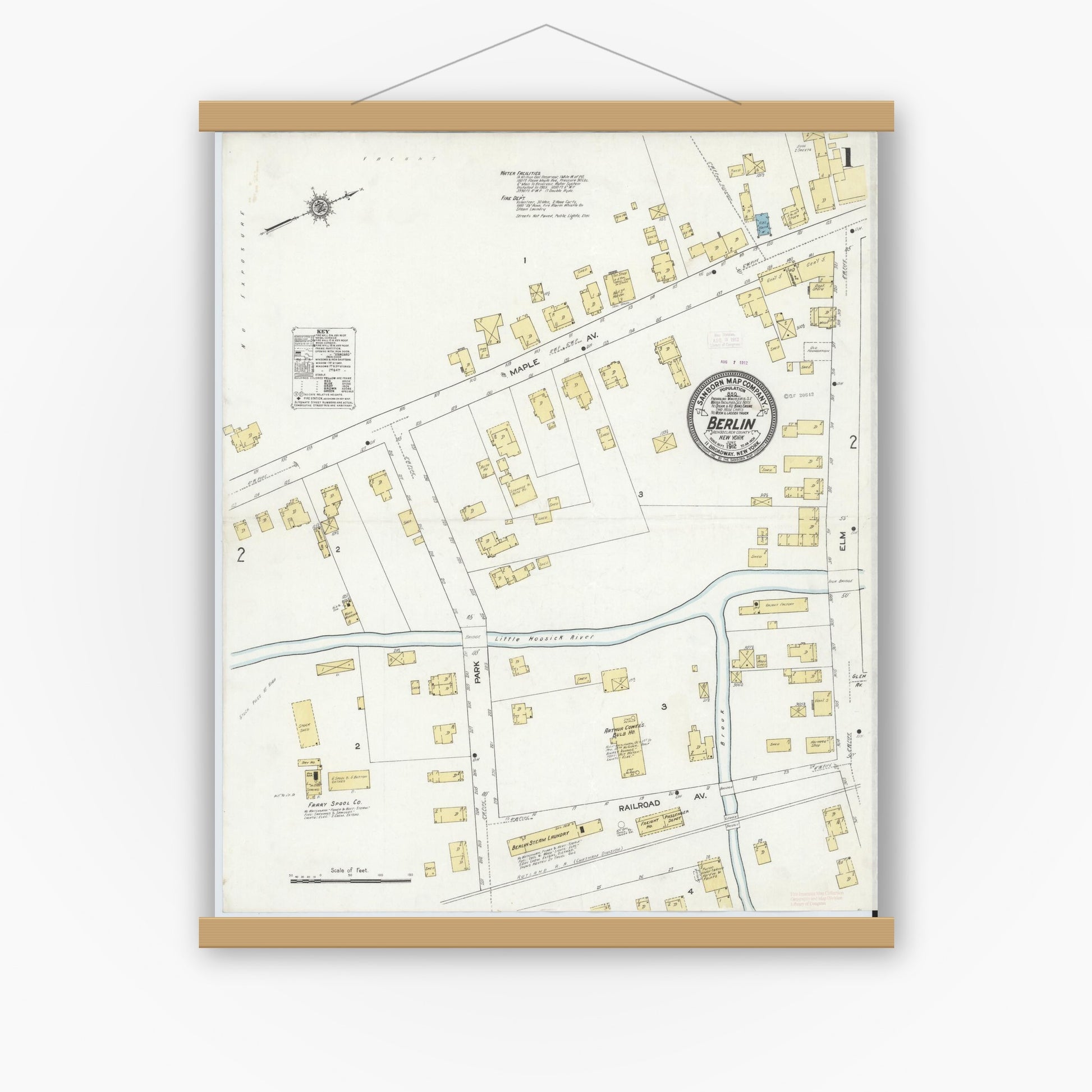 Old map wall art mockup — magnetic wood frame on white wall — Sanborn Fire Insurance Map from Berlin, Rensselaer County, New York (1912) - Complete Map Set