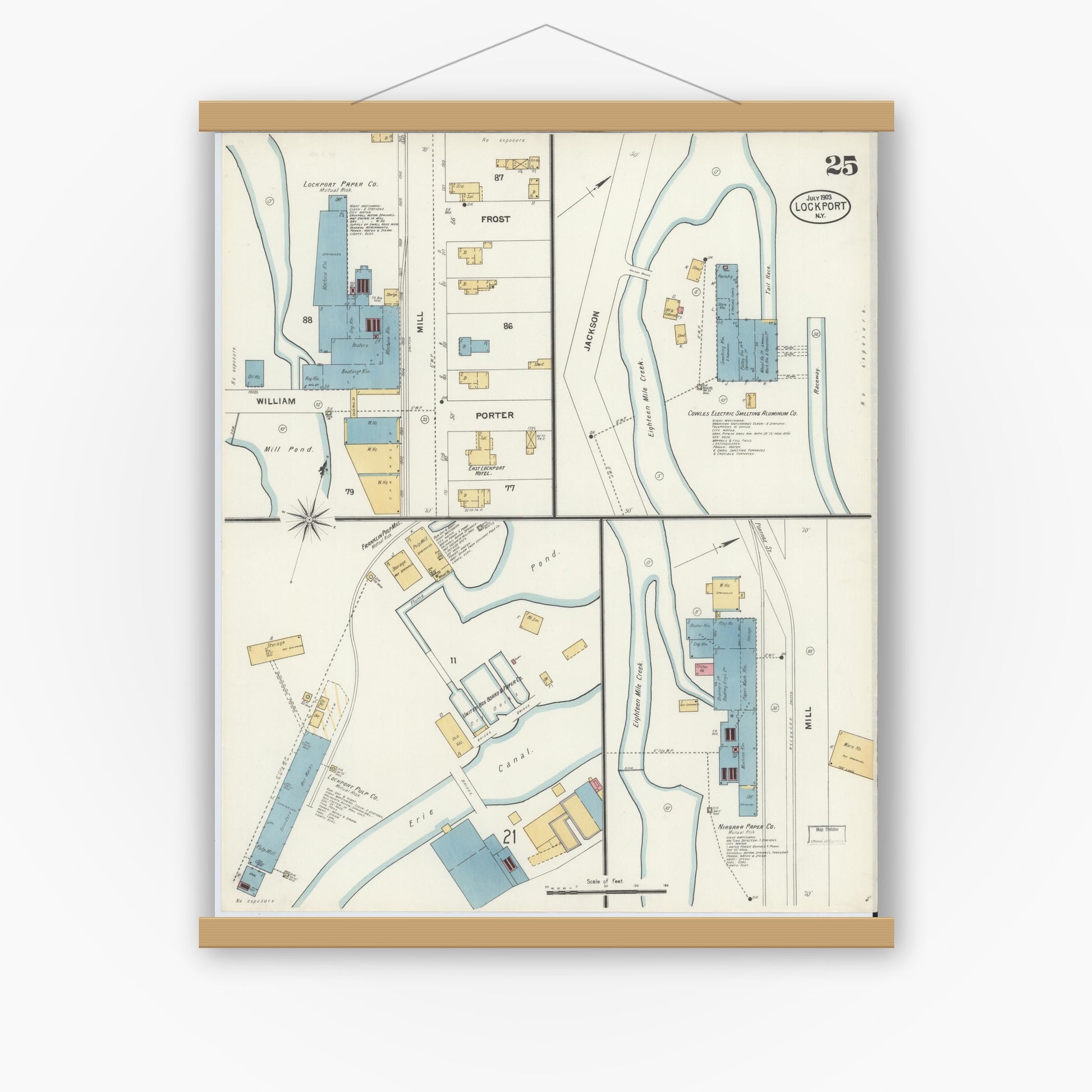 Old map wall art mockup — magnetic wood frame on white wall — Sanborn Fire Insurance Map from Lockport, Niagara County, New York (1903), Sheet #0025