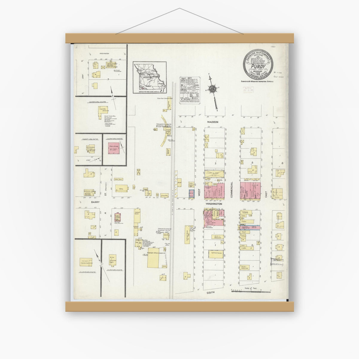 Old map wall art mockup — magnetic wood frame on white wall — Sanborn Fire Insurance Map from Purdy, Barry County, Missouri (1915), Sheet #0001