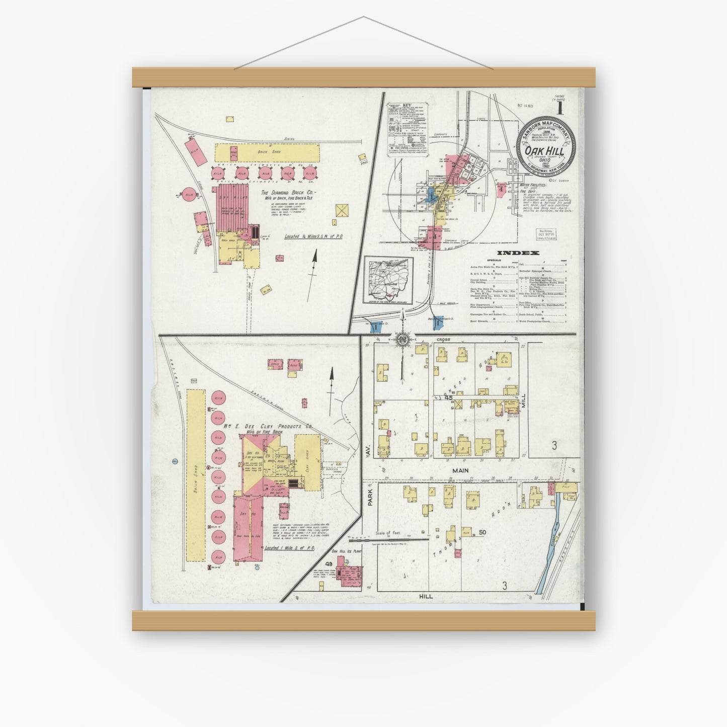 Old map wall art mockup — magnetic wood frame on white wall — Sanborn Fire Insurance Map from Oak Hill, Jackson County, Ohio (1921), Sheet #0001