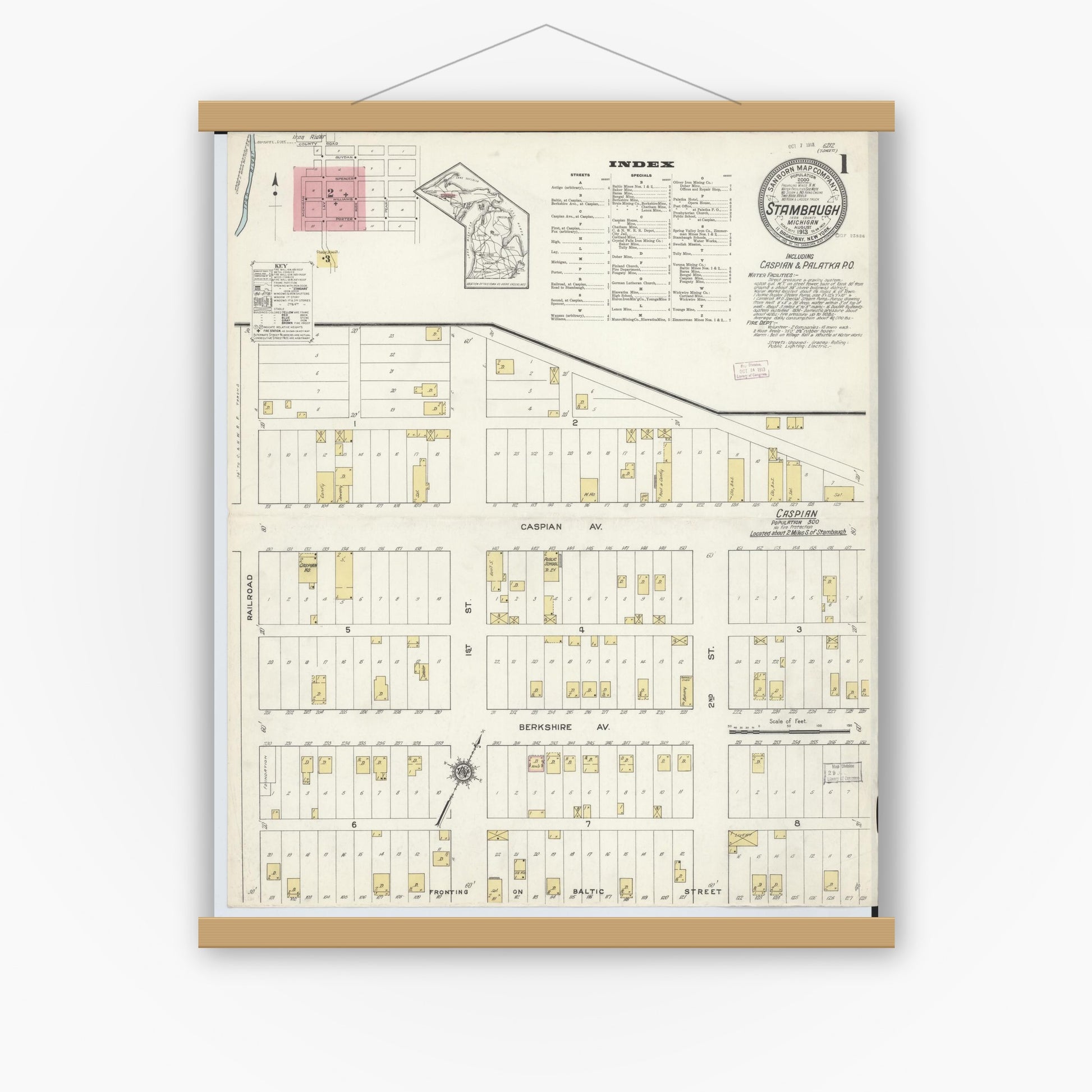 Old map wall art mockup — magnetic wood frame on white wall — Sanborn Fire Insurance Map from Stambaugh, Iron County, Michigan (1913), Sheet #0001