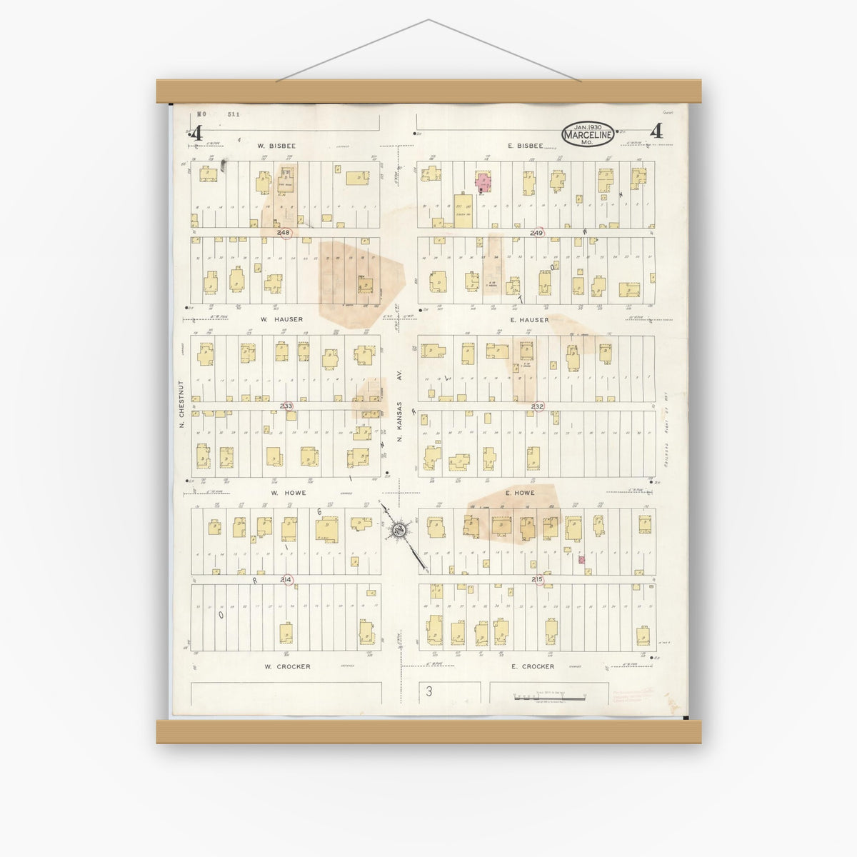 Old map wall art mockup — magnetic wood frame on white wall — Sanborn Fire Insurance Map from Marceline, Linn County, Missouri (1939), Sheet #0004