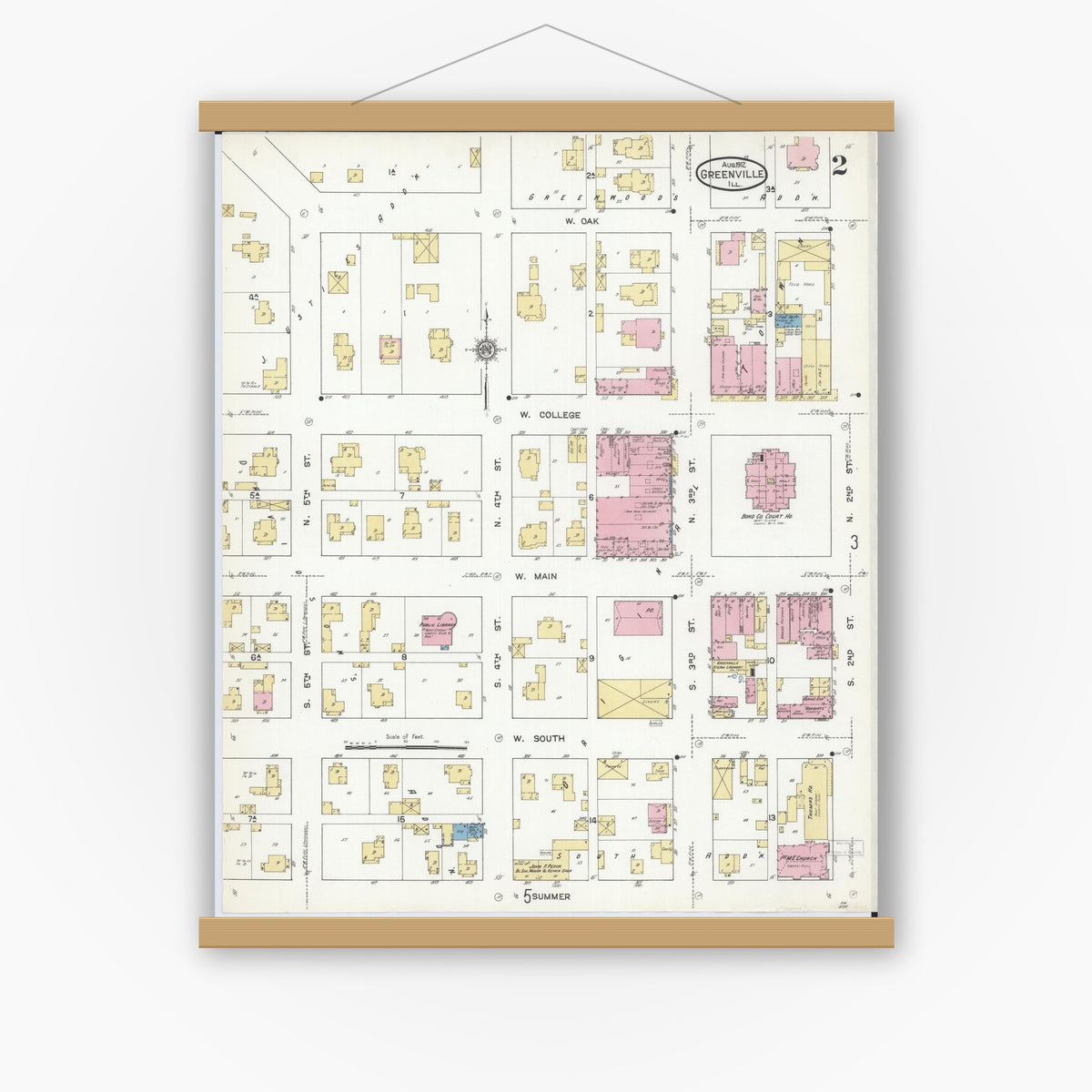 Old map wall art mockup — magnetic wood frame on white wall — Sanborn Fire Insurance Map from Greenville, Bond County, Illinois (1912), Sheet #0002