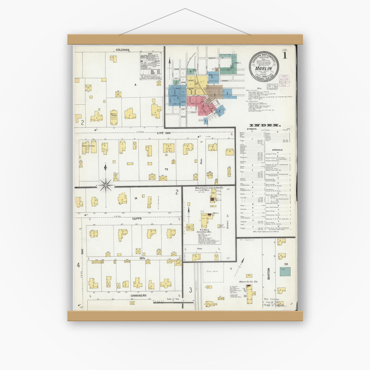 Old map wall art mockup — magnetic wood frame on white wall — Sanborn Fire Insurance Map from Marlin, Falls County, Texas (1903), Sheet #0001
