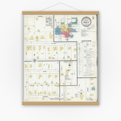 Old map wall art mockup — magnetic wood frame on white wall — Sanborn Fire Insurance Map from Marlin, Falls County, Texas (1903), Sheet #0001