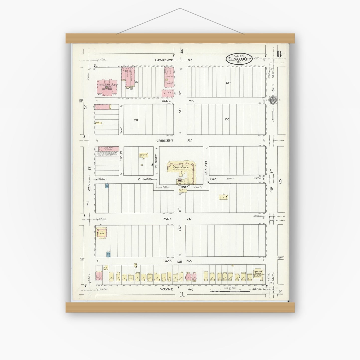 Old map wall art mockup — magnetic wood frame on white wall — Sanborn Fire Insurance Map from Ellwood City, Lawrence County, Pennsylvania (1914), Sheet #0008