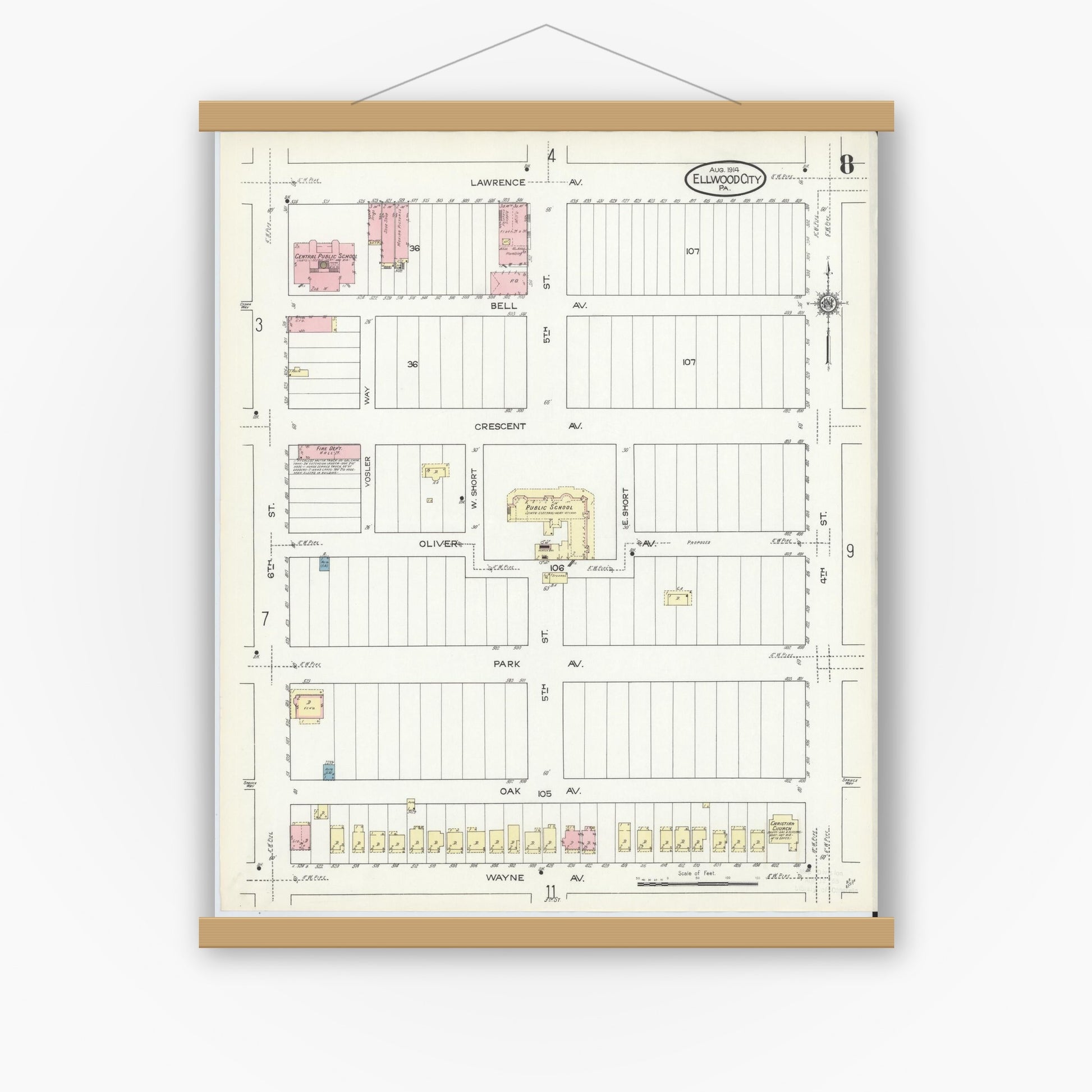 Old map wall art mockup — magnetic wood frame on white wall — Sanborn Fire Insurance Map from Ellwood City, Lawrence County, Pennsylvania (1914), Sheet #0008