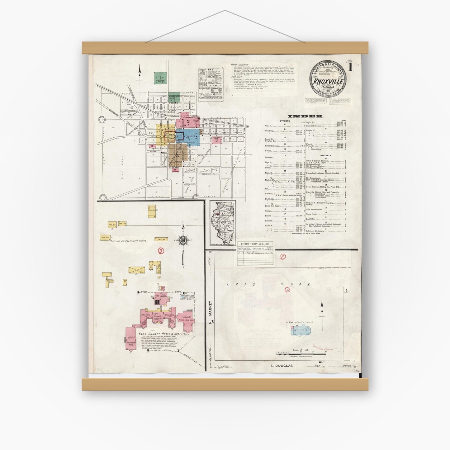 Old map wall art mockup — magnetic wood frame on white wall — Sanborn Fire Insurance Map from Knoxville, Knox County, Illinois (1944) - Complete Map Set