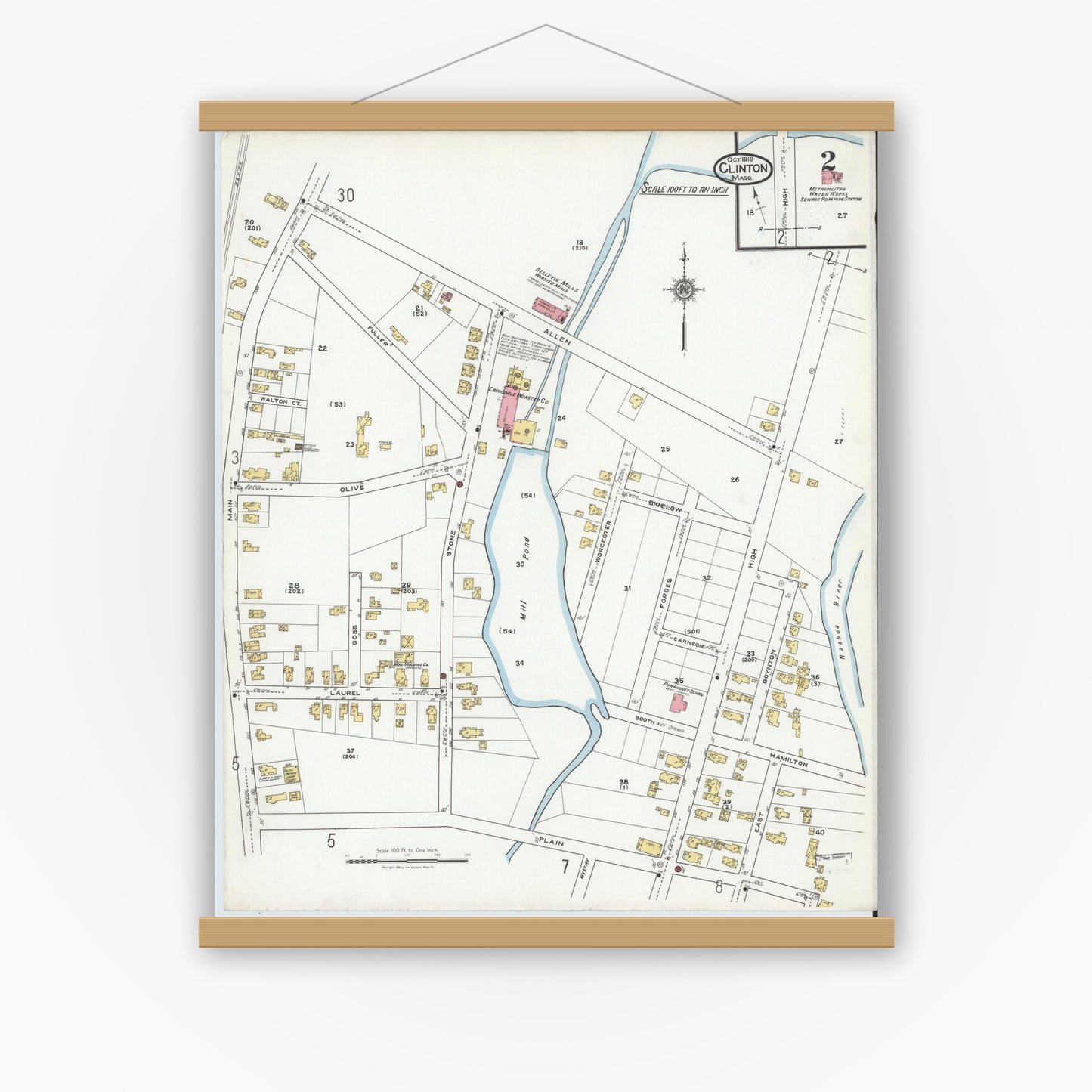 Old map wall art mockup — magnetic wood frame on white wall — Sanborn Fire Insurance Map from Clinton, Worcester County, Massachusetts (1919), Sheet #0002