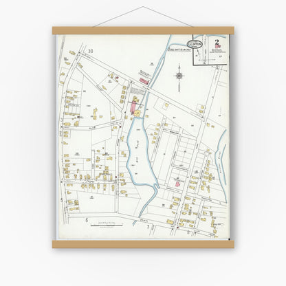 Old map wall art mockup — magnetic wood frame on white wall — Sanborn Fire Insurance Map from Clinton, Worcester County, Massachusetts (1919), Sheet #0002