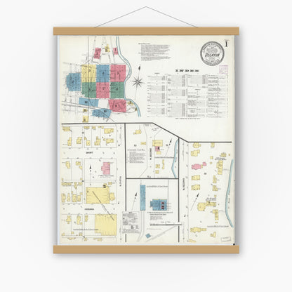 Old map wall art mockup — magnetic wood frame on white wall — Sanborn Fire Insurance Map from Decatur, Adams County, Indiana (1907) - Complete Map Set