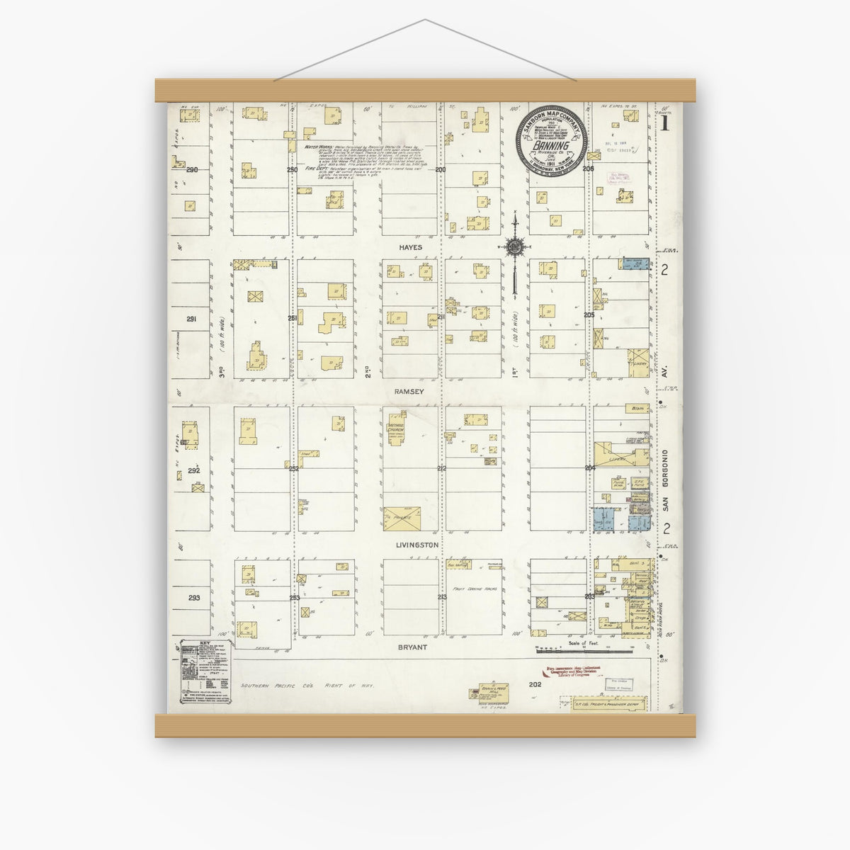 Old map wall art mockup — magnetic wood frame on white wall — Sanborn Fire Insurance Map from Banning, Riverside County, California (1911), Sheet #0001