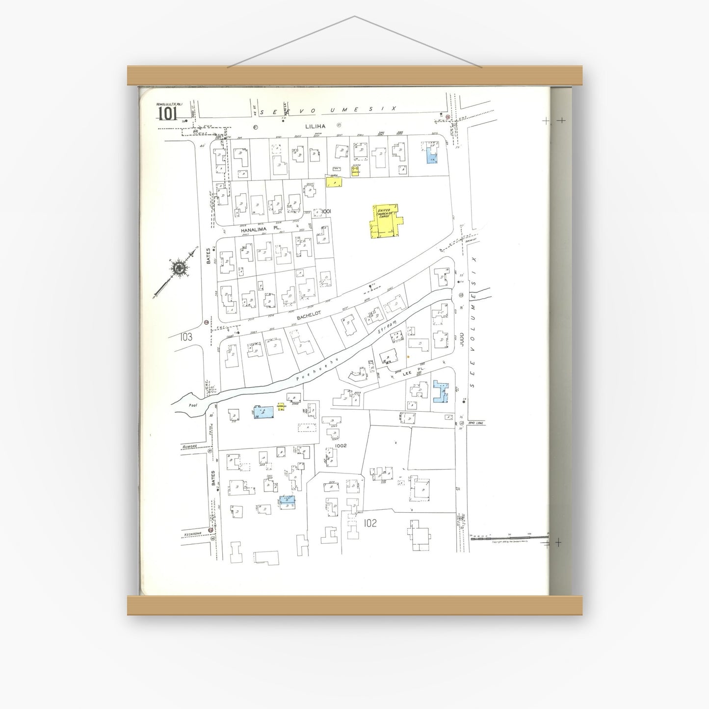 Old map wall art mockup — magnetic wood frame on white wall — Sanborn Fire Insurance Map from Honolulu, Oahu County, Hawaii (1955), Sheet #0101