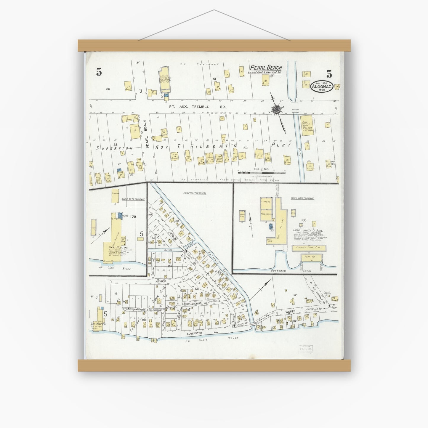 Old map wall art mockup — magnetic wood frame on white wall — Sanborn Fire Insurance Map from Algonac, Saint Clair County, Michigan (1924), Sheet #0005