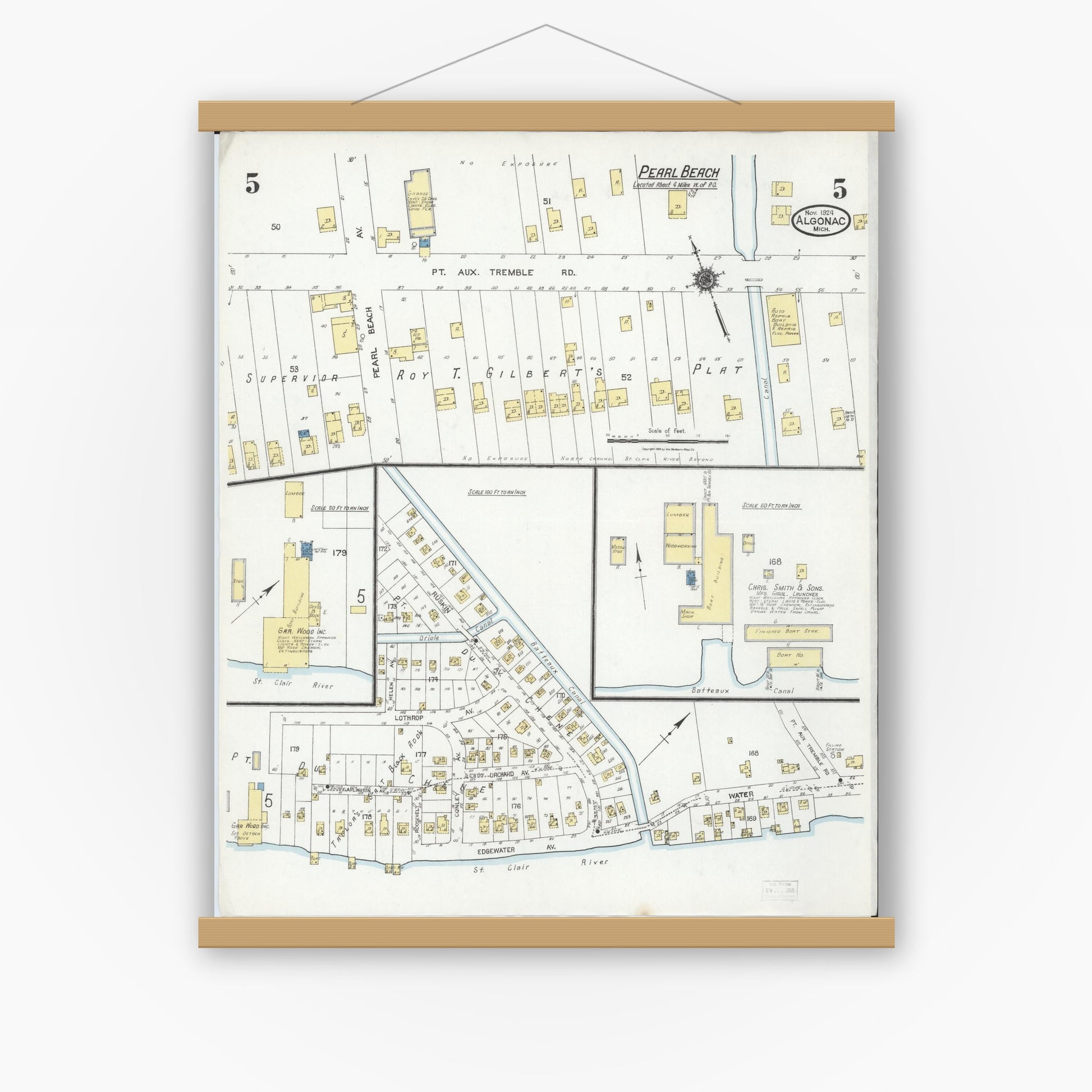 Old map wall art mockup — magnetic wood frame on white wall — Sanborn Fire Insurance Map from Algonac, Saint Clair County, Michigan (1924), Sheet #0005