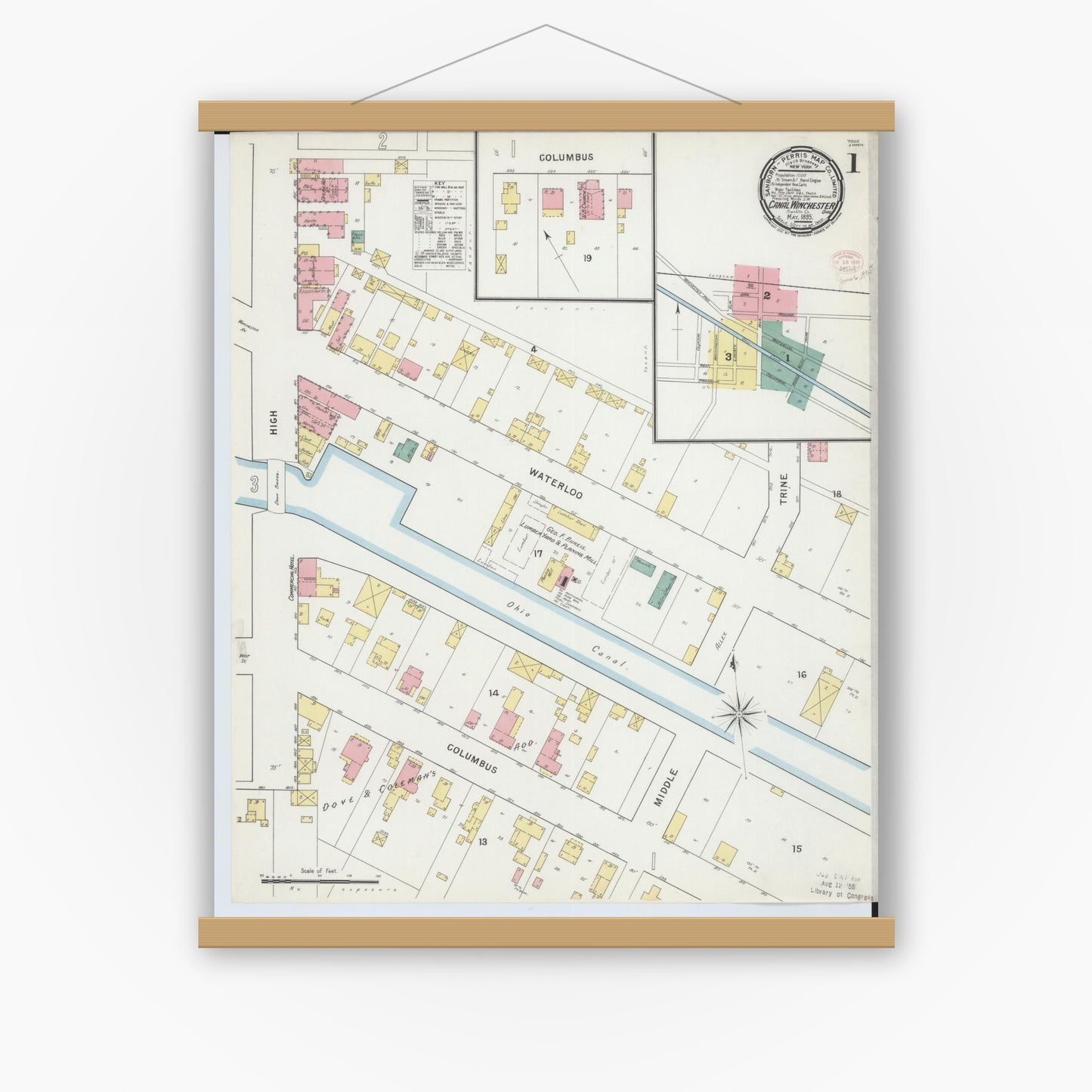 Old map wall art mockup — magnetic wood frame on white wall — Sanborn Fire Insurance Map from Canal Winchester, Franklin County, Ohio (1895) - Complete Map Set