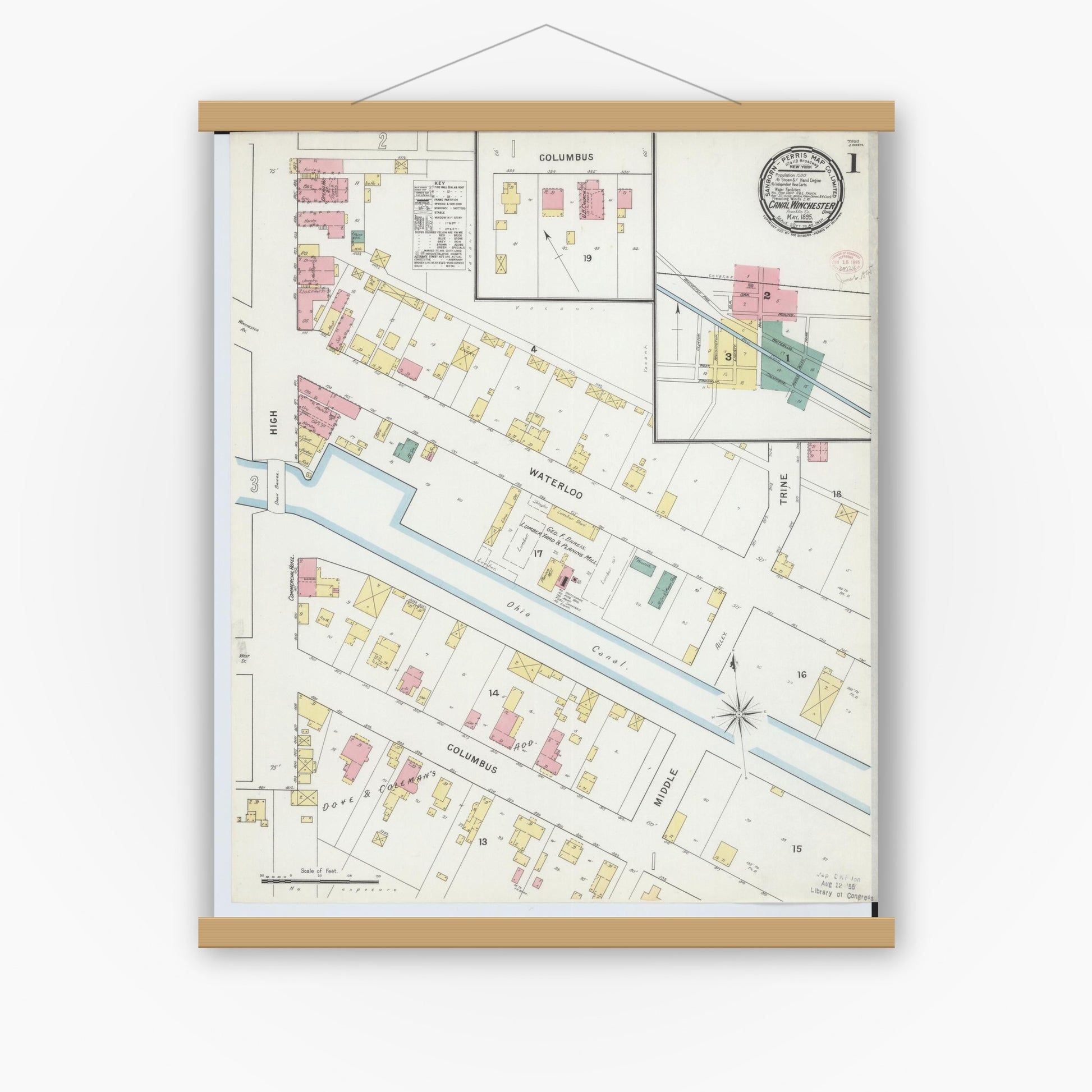 Old map wall art mockup — magnetic wood frame on white wall — Sanborn Fire Insurance Map from Canal Winchester, Franklin County, Ohio (1895) - Complete Map Set