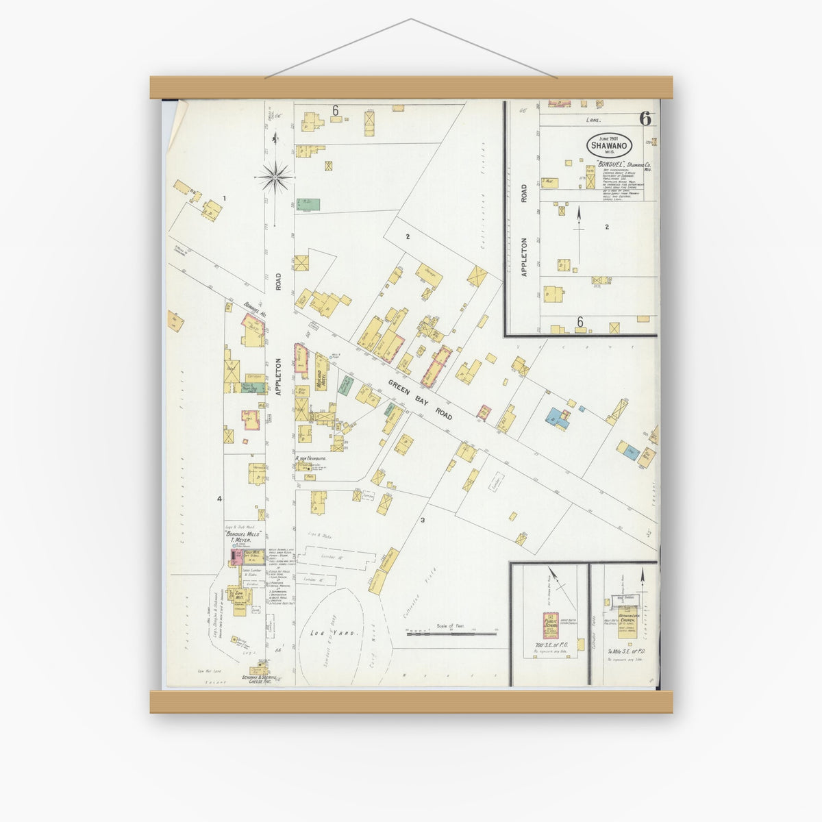 Old map wall art mockup — magnetic wood frame on white wall — Sanborn Fire Insurance Map from Shawano, Shawano County, Wisconsin (1901), Sheet #0006