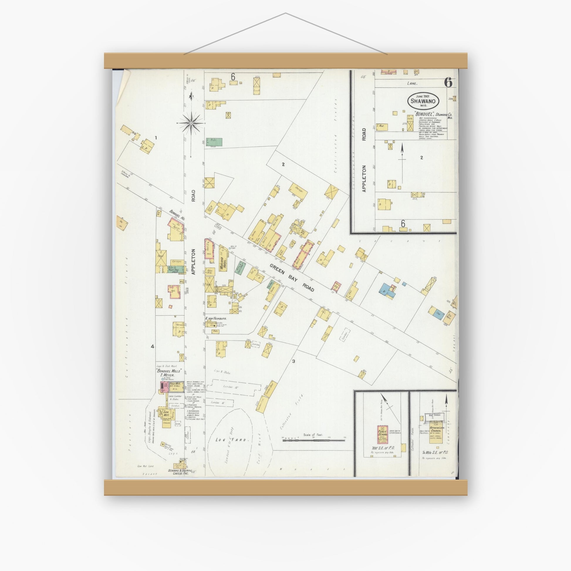 Old map wall art mockup — magnetic wood frame on white wall — Sanborn Fire Insurance Map from Shawano, Shawano County, Wisconsin (1901), Sheet #0006